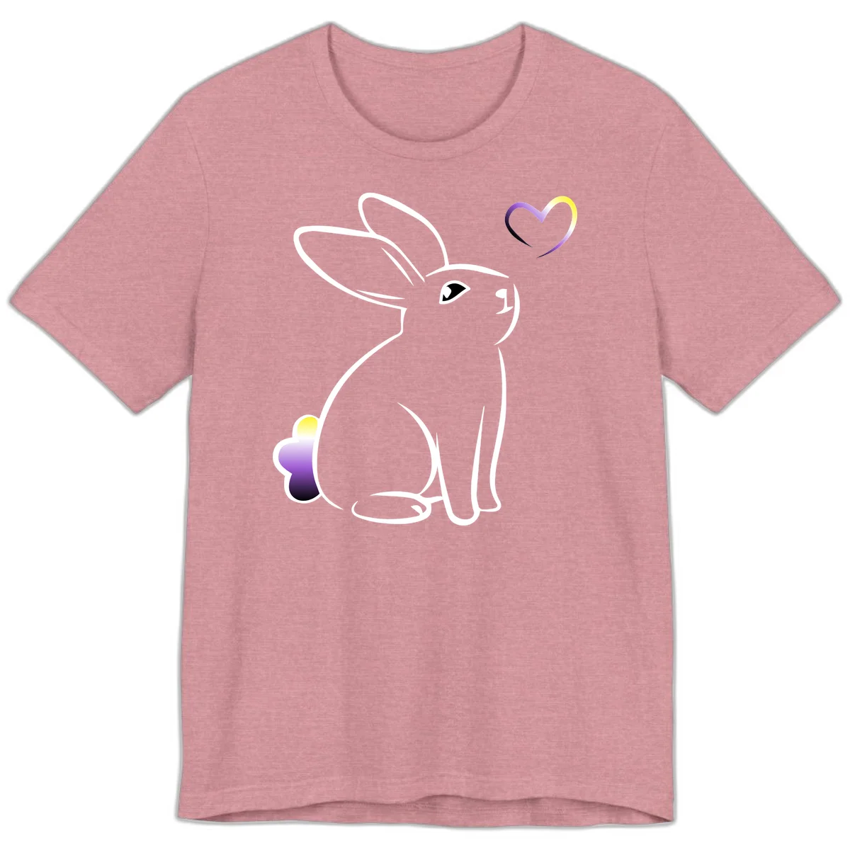 Minimalist line-art rainbow bunny with gradient purple-yellow tail and floating heart symbol on gray background in Heather Orchid