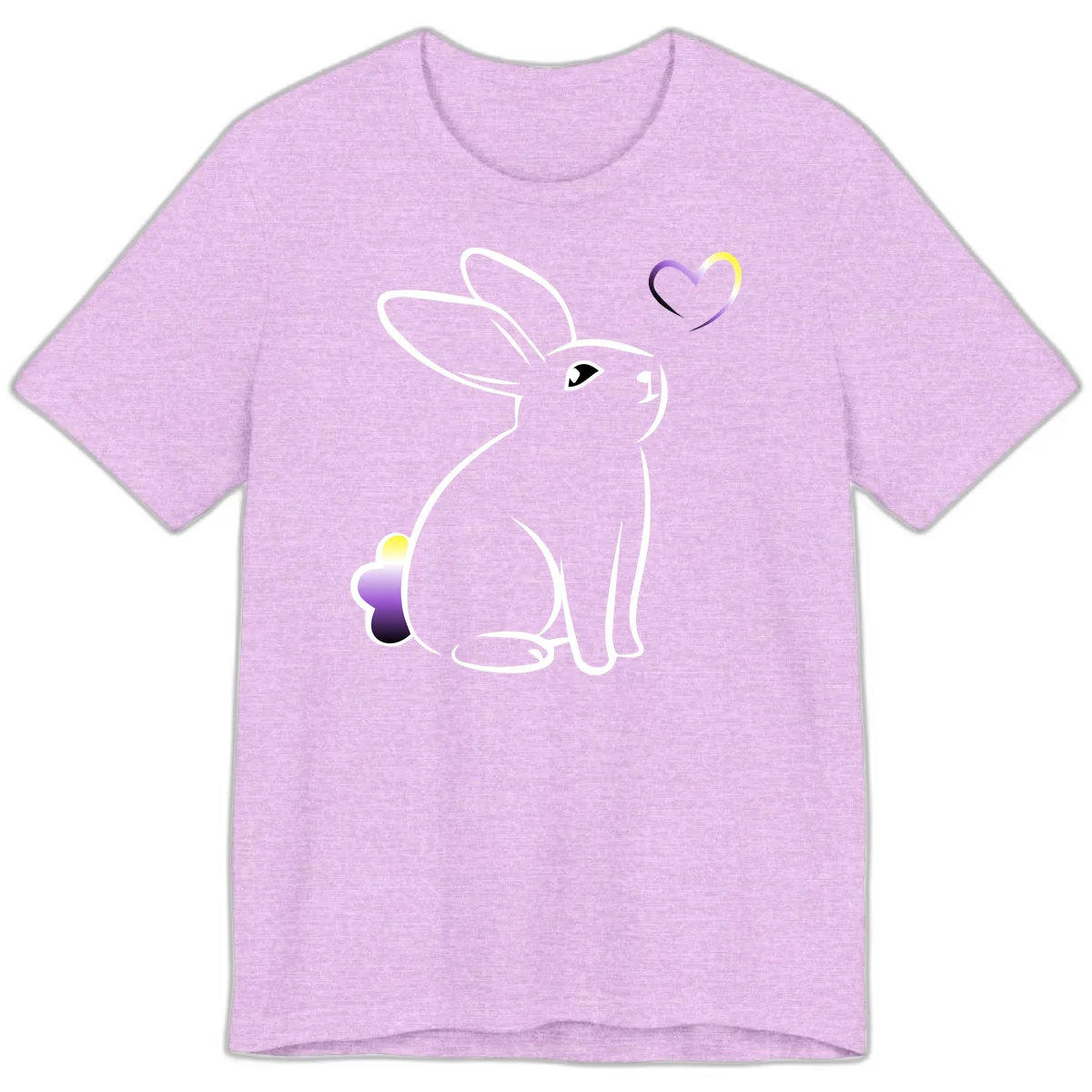 Minimalist line-art rainbow bunny with gradient purple-yellow tail and floating heart symbol on gray background in Heather Prism Lilac