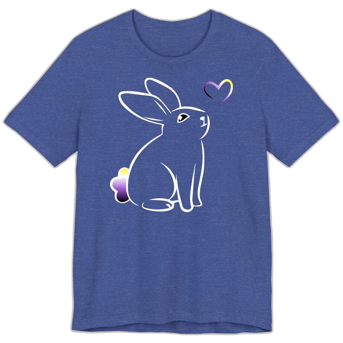 Minimalist line-art rainbow bunny with gradient purple-yellow tail and floating heart symbol on gray background in Heather True Royal