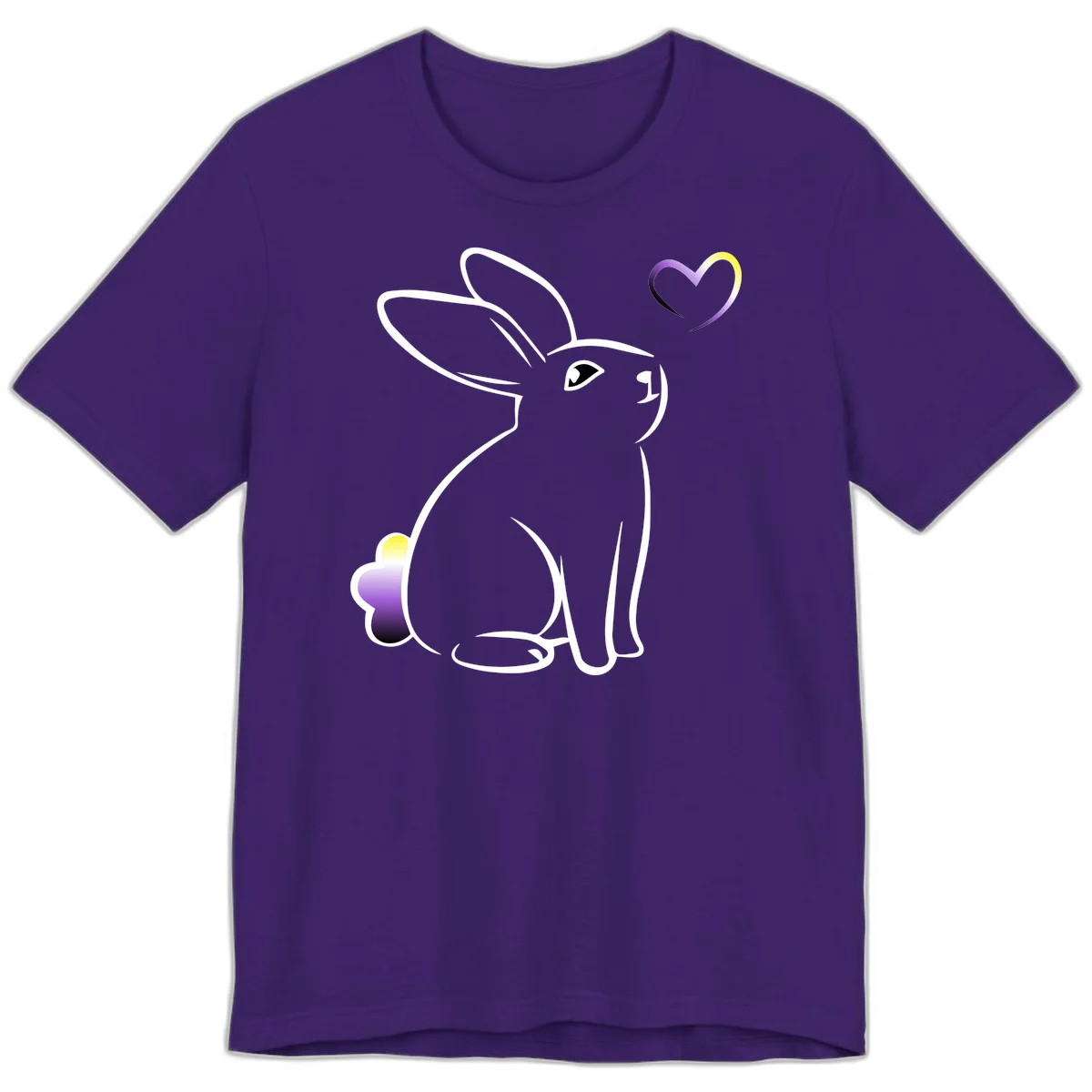Minimalist line-art rainbow bunny with gradient purple-yellow tail and floating heart symbol on gray background in Team Purple