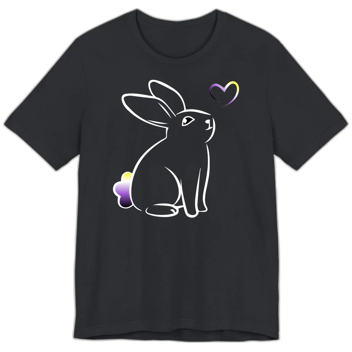 Minimalist line-art rainbow bunny with gradient purple-yellow tail and floating heart symbol on gray background in Vintage Black