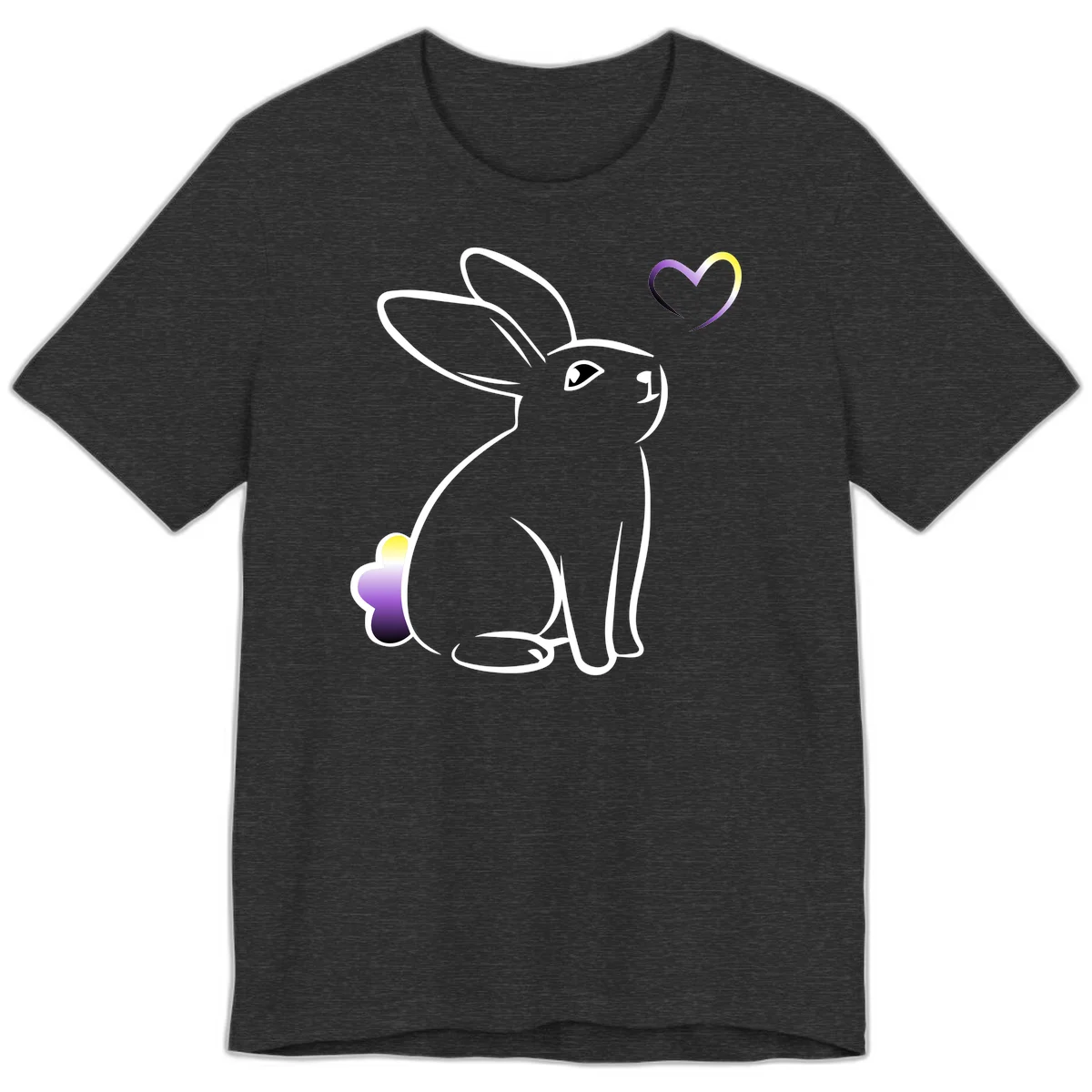 Minimalist line-art rainbow bunny with gradient purple-yellow tail and floating heart symbol on gray background in Dark Grey Heather