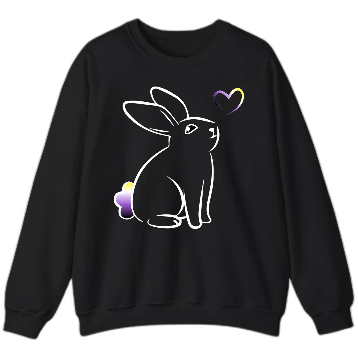 Minimalist line-art rainbow bunny with gradient purple-yellow tail and floating heart symbol on gray background in Black