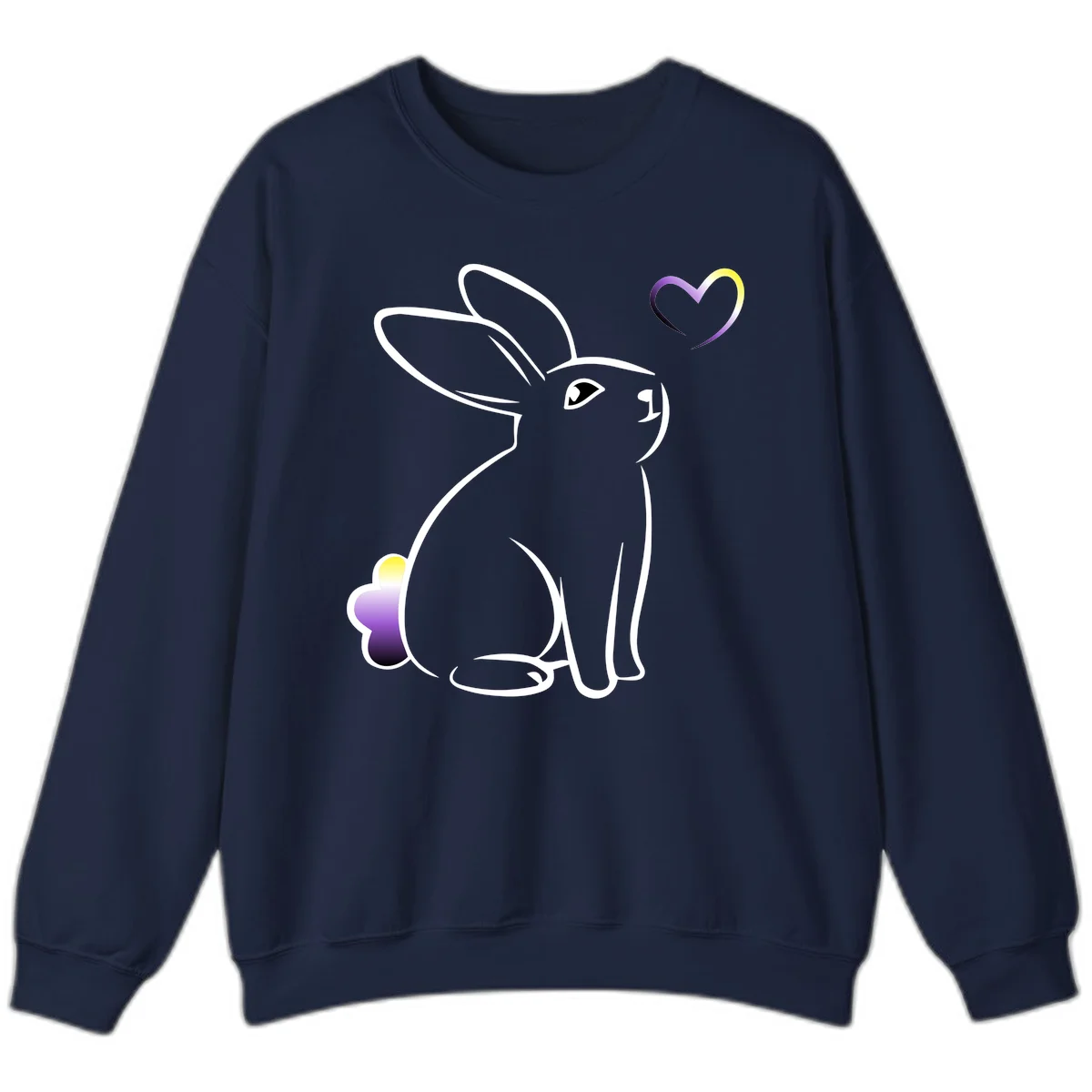 Minimalist line-art rainbow bunny with gradient purple-yellow tail and floating heart symbol on gray background in Navy
