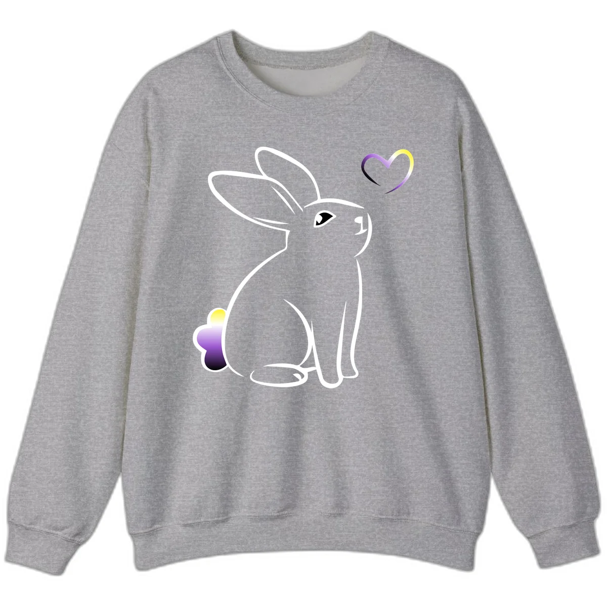 Minimalist line-art rainbow bunny with gradient purple-yellow tail and floating heart symbol on gray background in Sport Grey