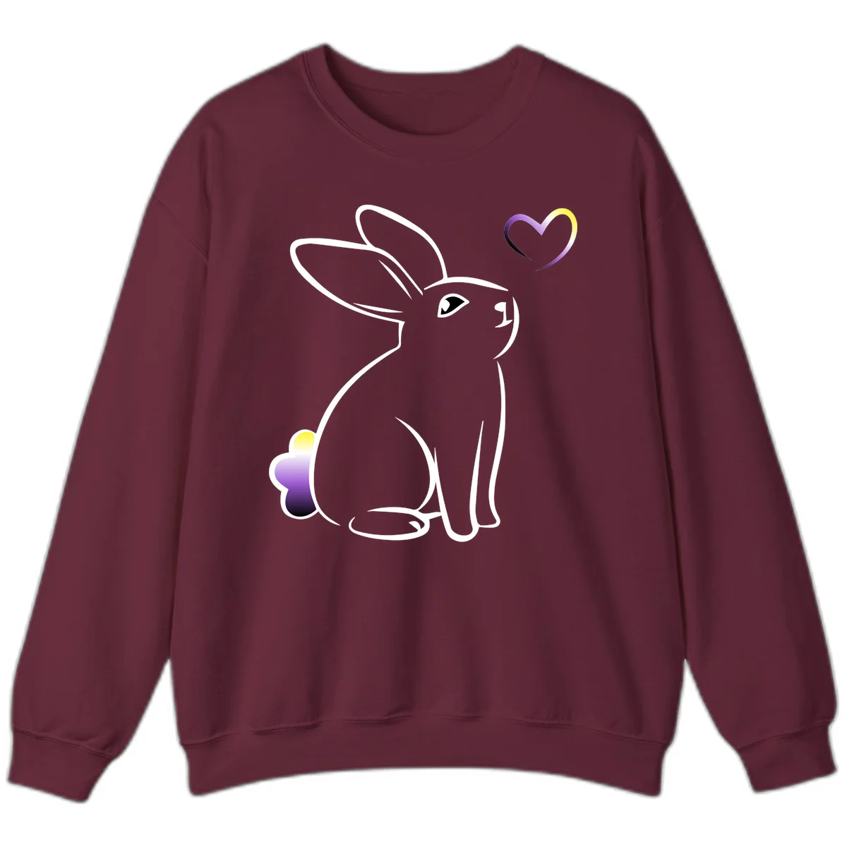 Minimalist line-art rainbow bunny with gradient purple-yellow tail and floating heart symbol on gray background in Maroon