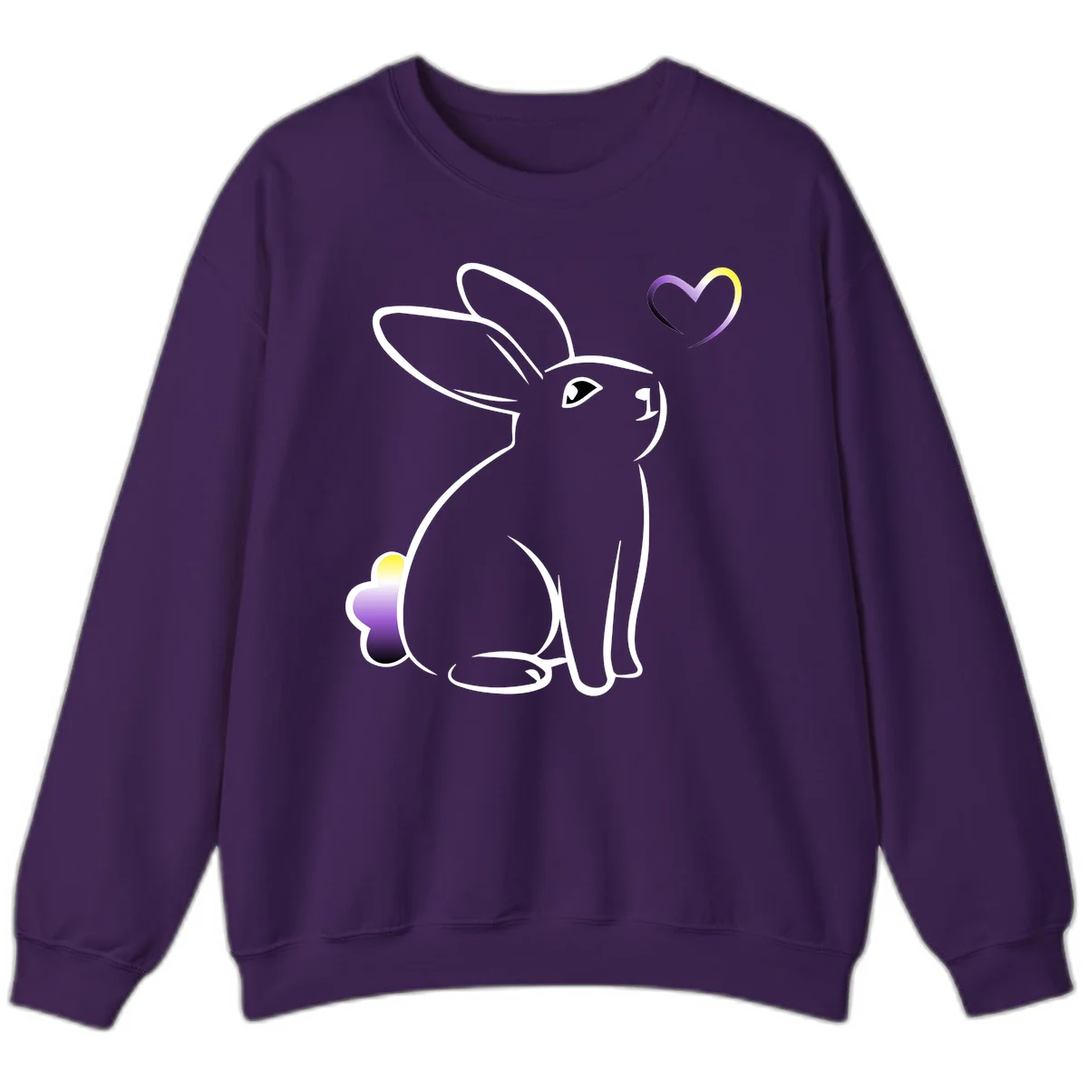 Minimalist line-art rainbow bunny with gradient purple-yellow tail and floating heart symbol on gray background in Purple