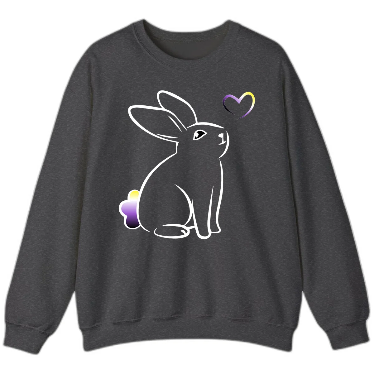 Minimalist line-art rainbow bunny with gradient purple-yellow tail and floating heart symbol on gray background in Dark Heather