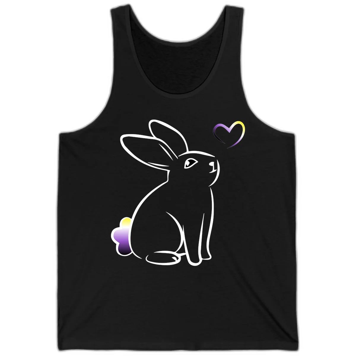 Minimalist line-art rainbow bunny with gradient purple-yellow tail and floating heart symbol on gray background in Black