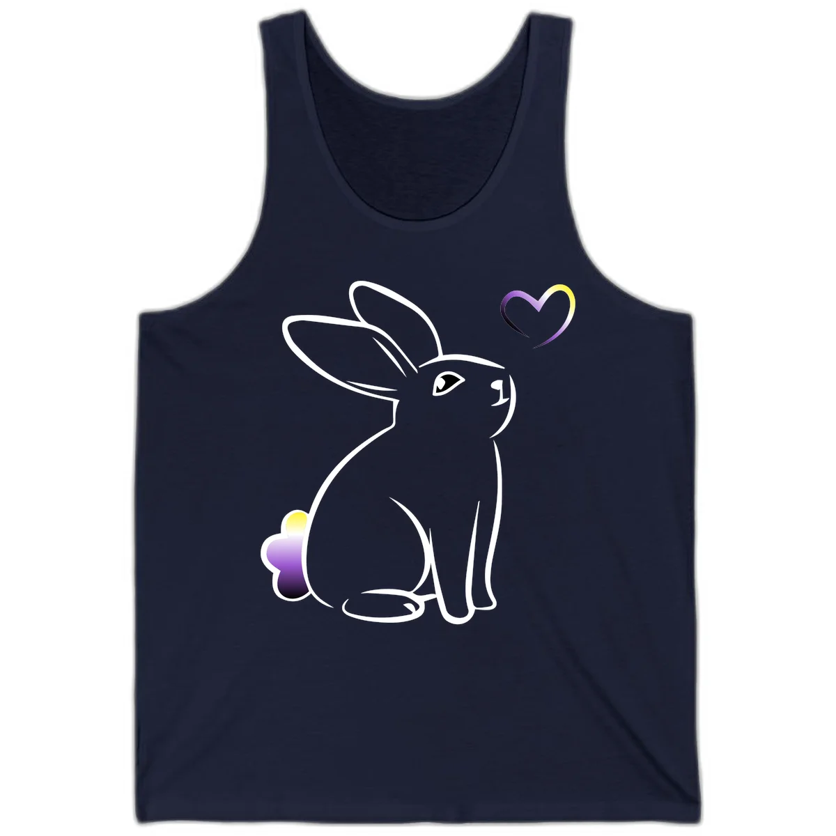 Minimalist line-art rainbow bunny with gradient purple-yellow tail and floating heart symbol on gray background in Navy