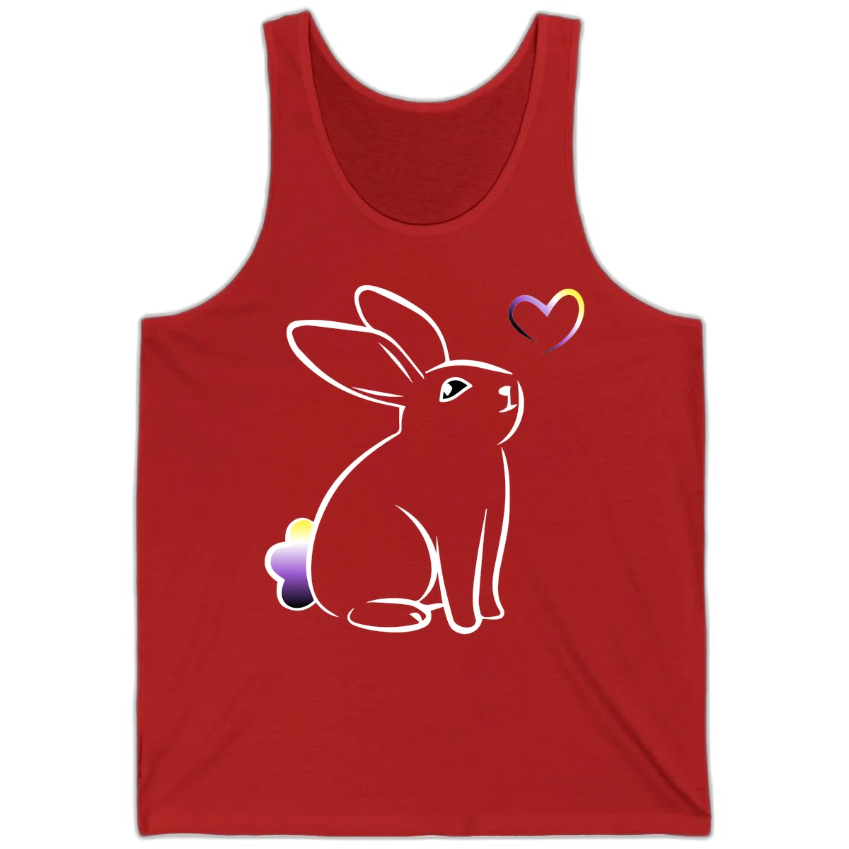 Minimalist line-art rainbow bunny with gradient purple-yellow tail and floating heart symbol on gray background in Red