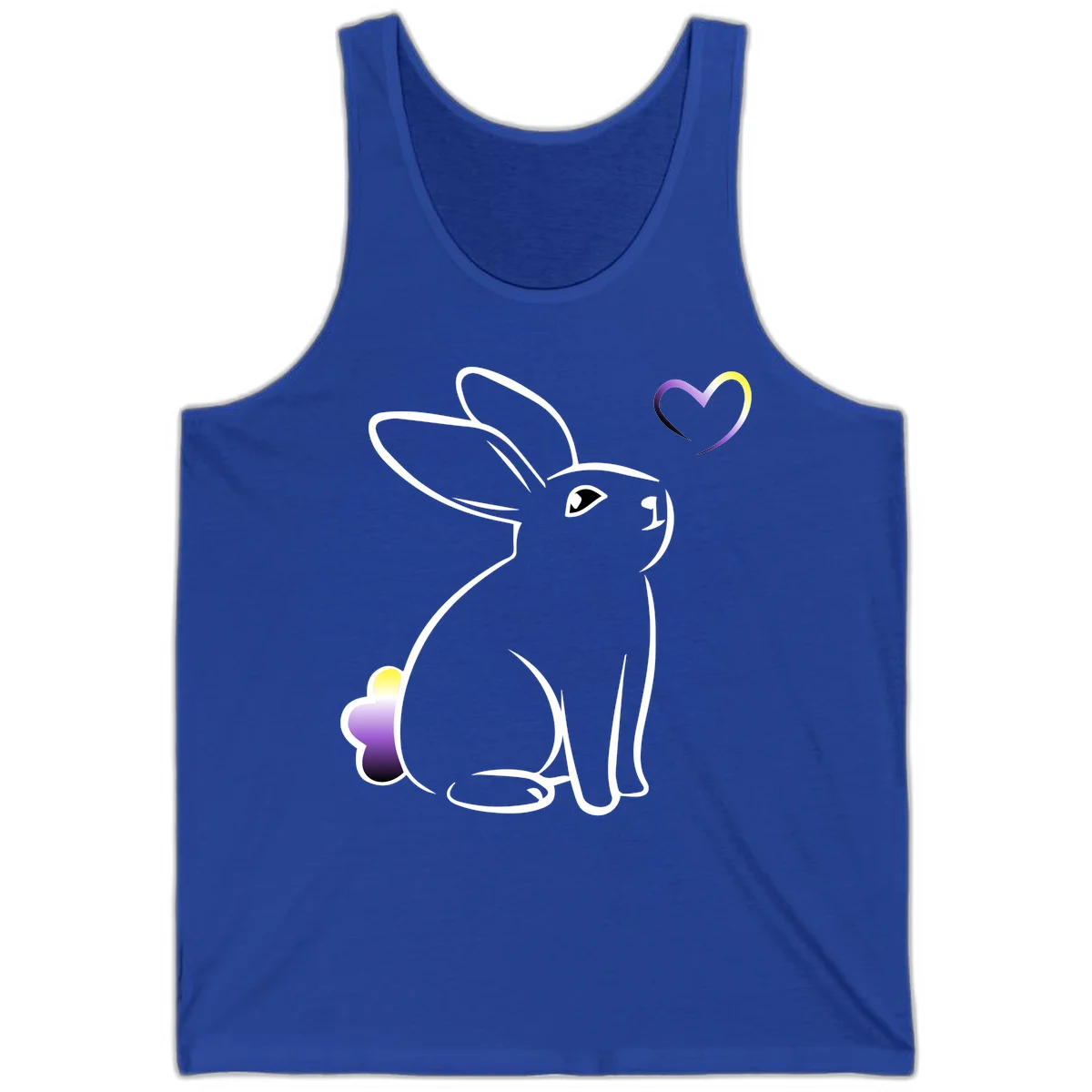 Minimalist line-art rainbow bunny with gradient purple-yellow tail and floating heart symbol on gray background in True Royal