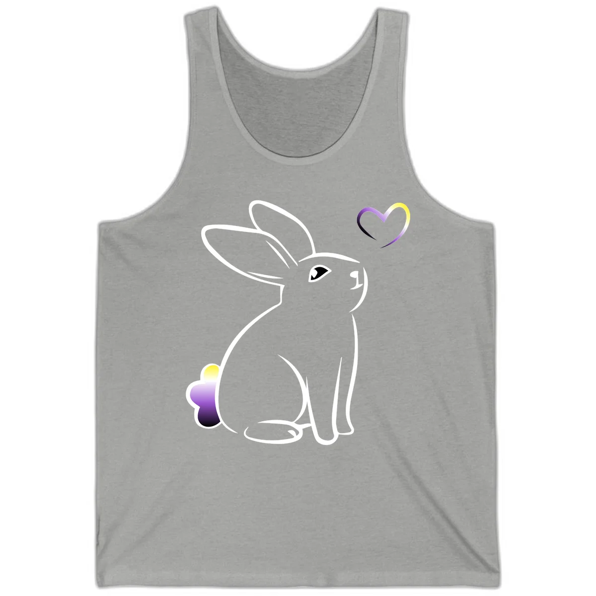 Minimalist line-art rainbow bunny with gradient purple-yellow tail and floating heart symbol on gray background in Athletic Heather