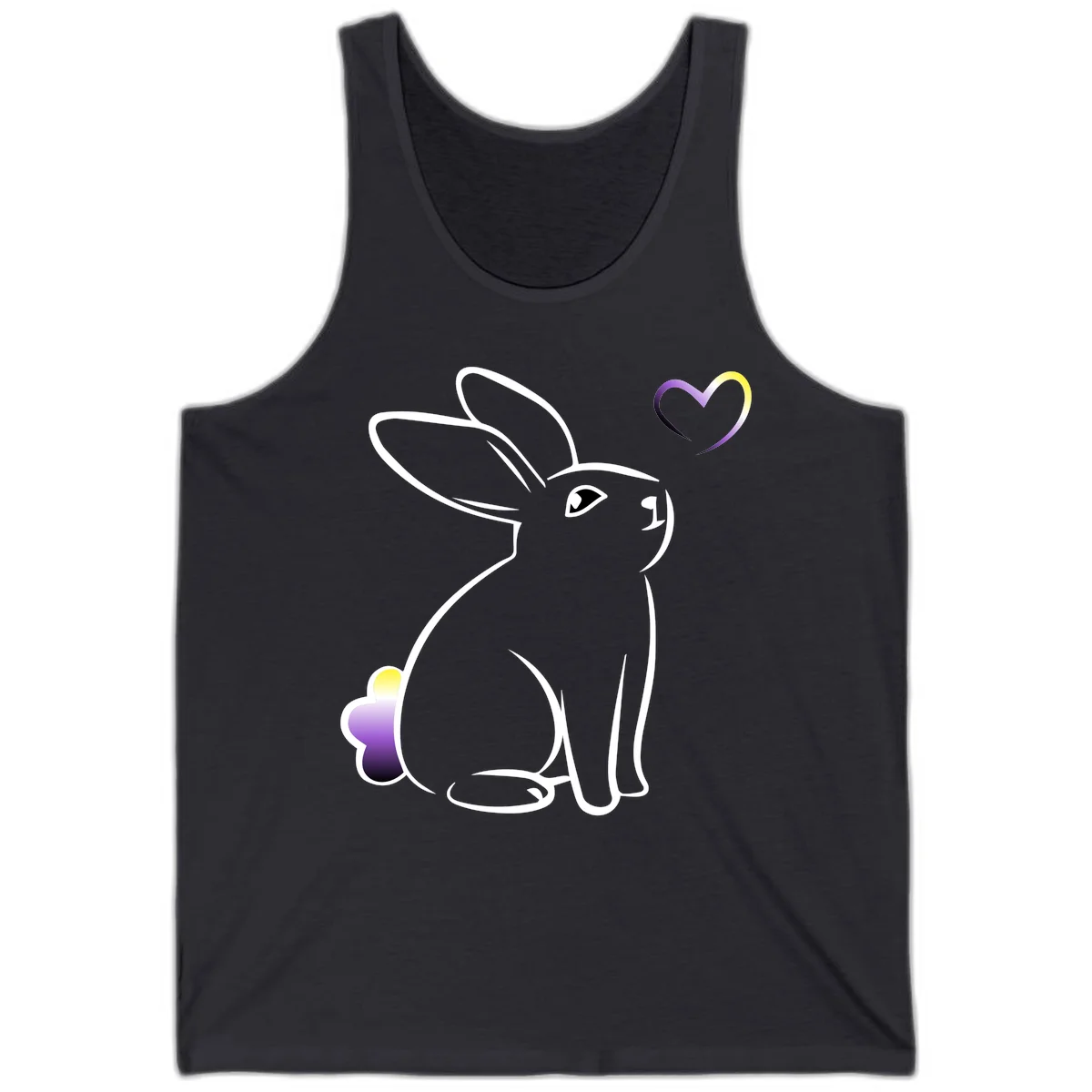 Minimalist line-art rainbow bunny with gradient purple-yellow tail and floating heart symbol on gray background in Dark Grey