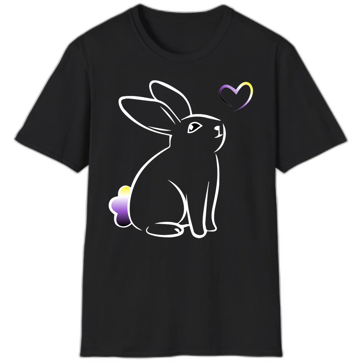 Minimalist line-art rainbow bunny with gradient purple-yellow tail and floating heart symbol on gray background in Black