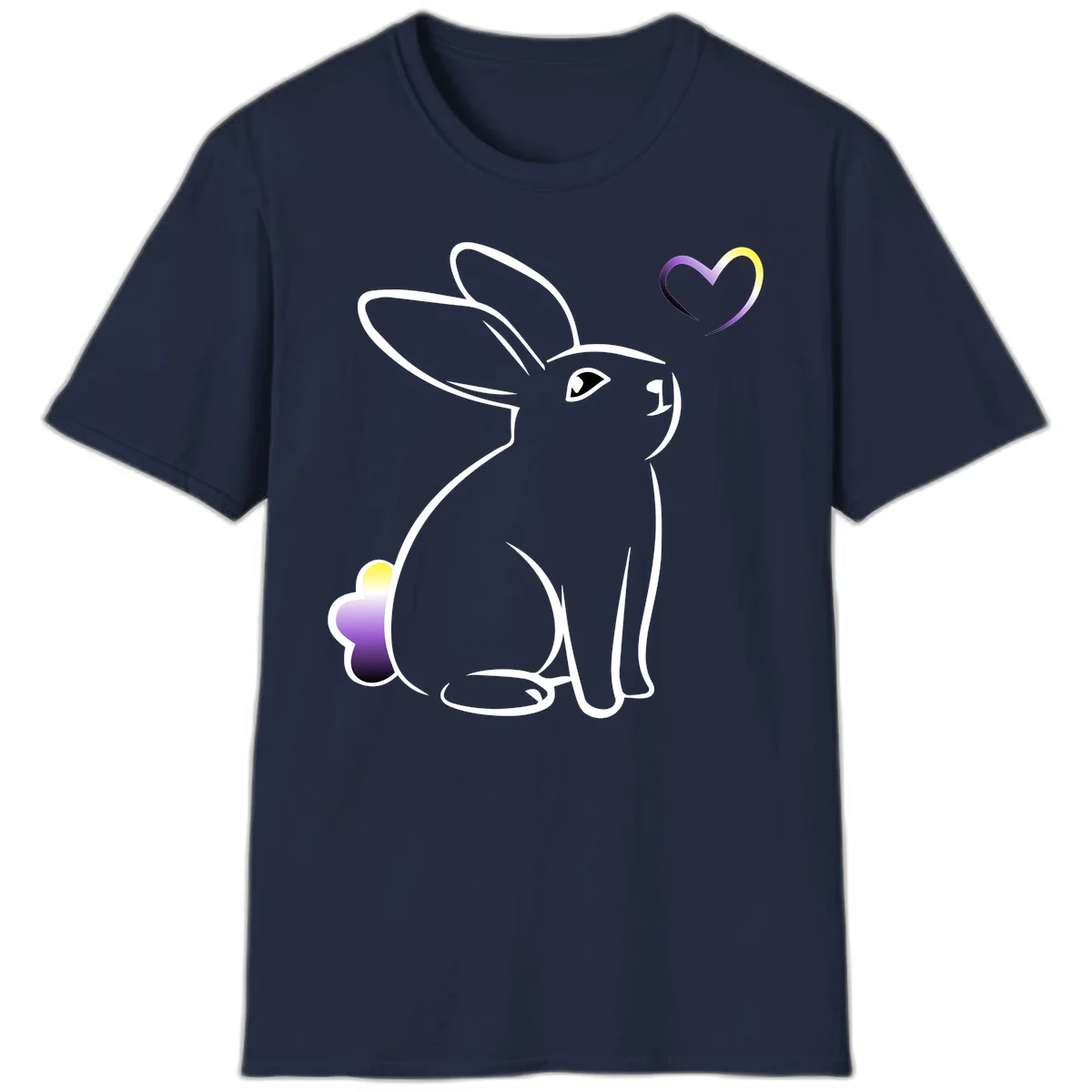 Minimalist line-art rainbow bunny with gradient purple-yellow tail and floating heart symbol on gray background in Navy