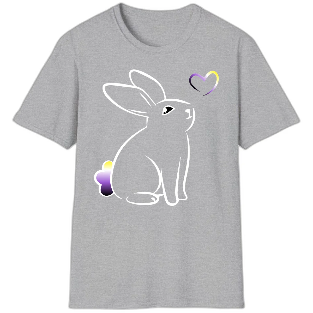 Minimalist line-art rainbow bunny with gradient purple-yellow tail and floating heart symbol on gray background in Sport Grey