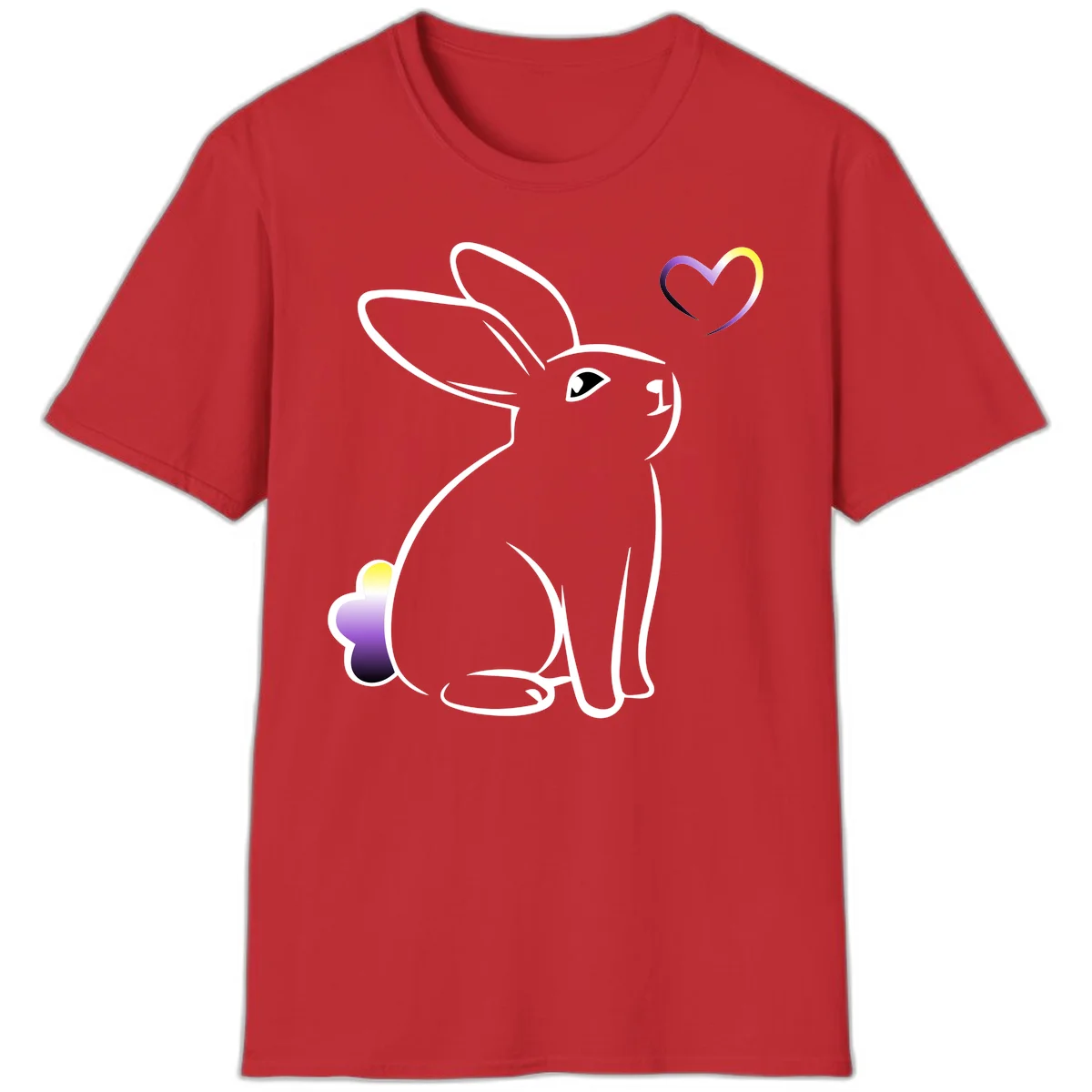 Minimalist line-art rainbow bunny with gradient purple-yellow tail and floating heart symbol on gray background in Red