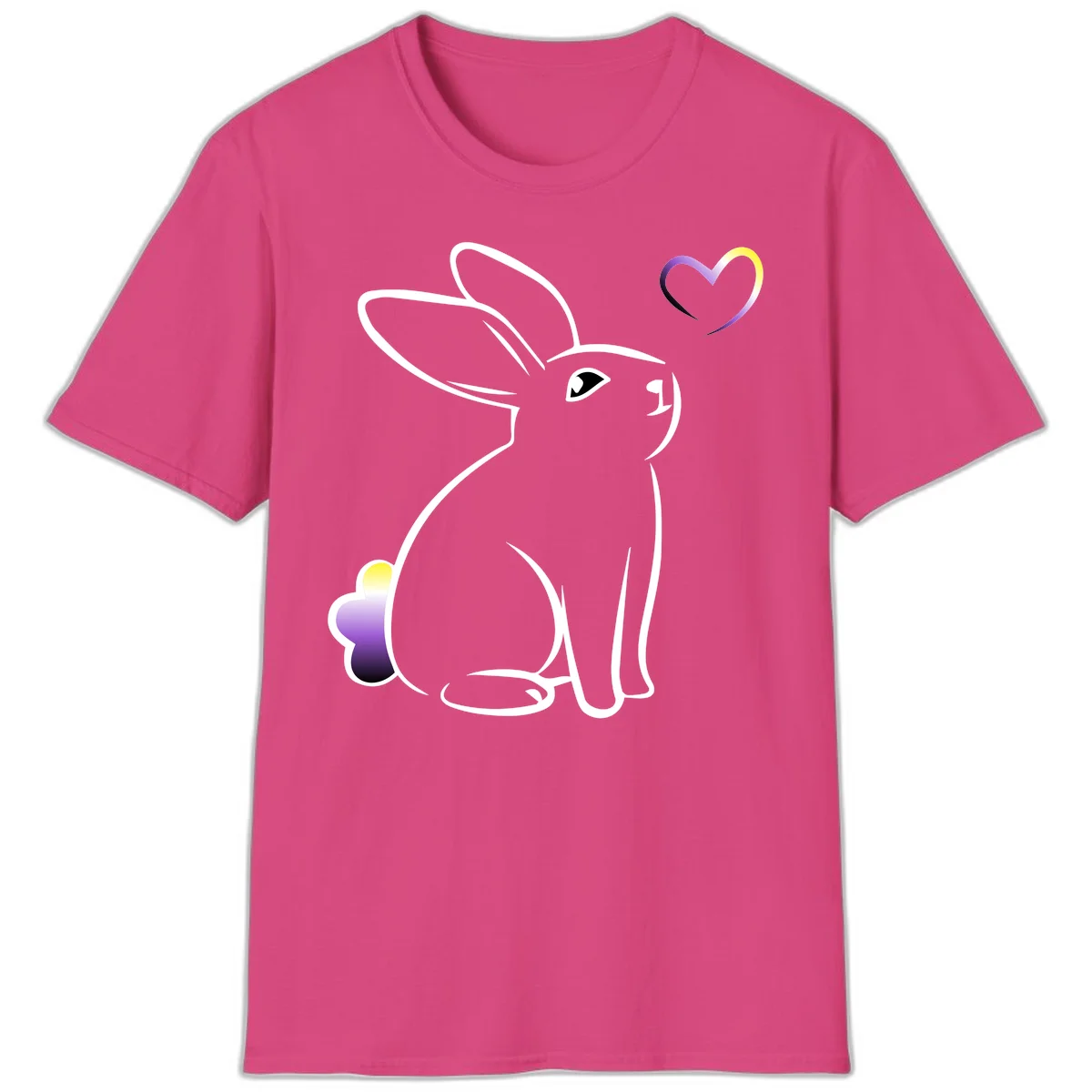 Minimalist line-art rainbow bunny with gradient purple-yellow tail and floating heart symbol on gray background in Heliconia