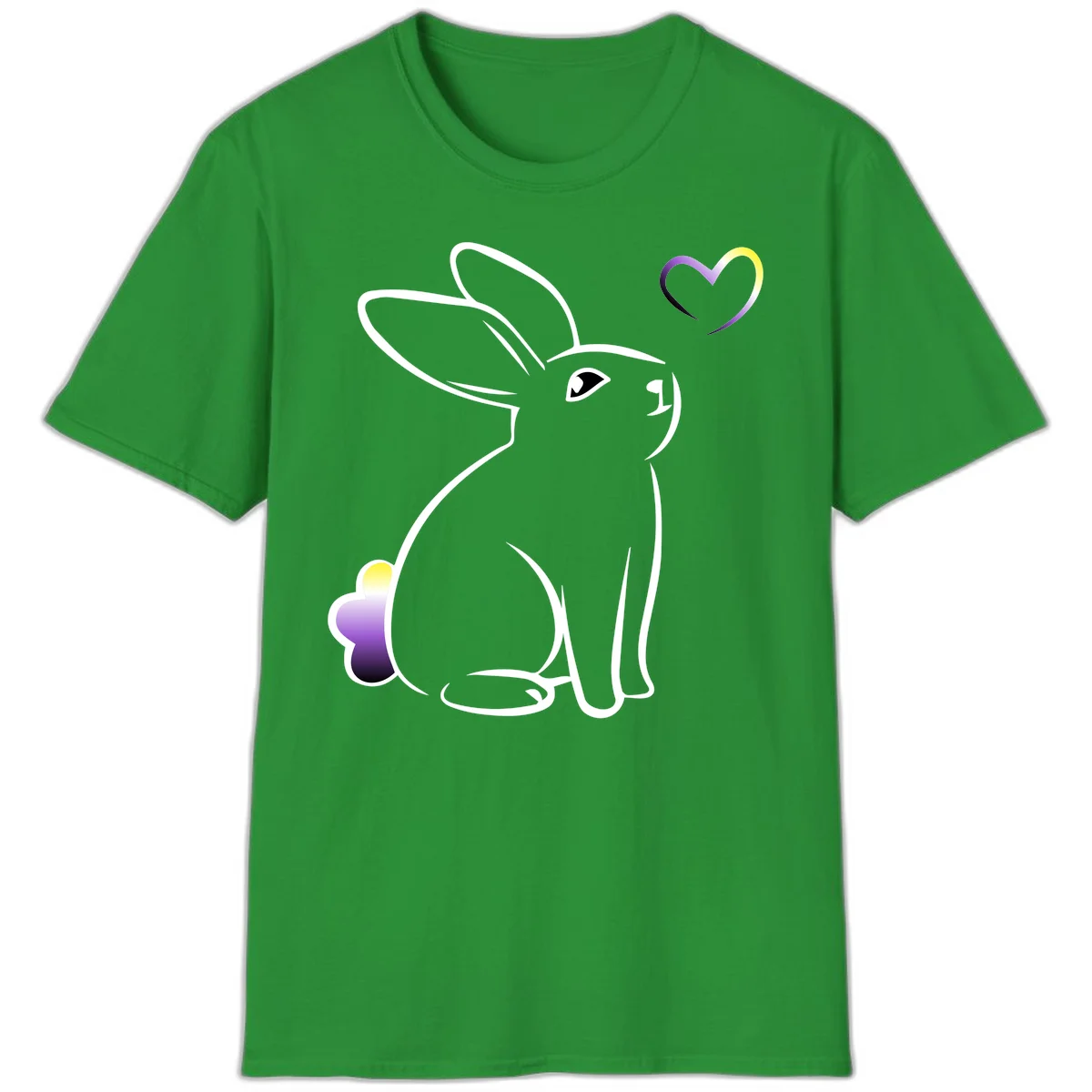Minimalist line-art rainbow bunny with gradient purple-yellow tail and floating heart symbol on gray background in Irish Green