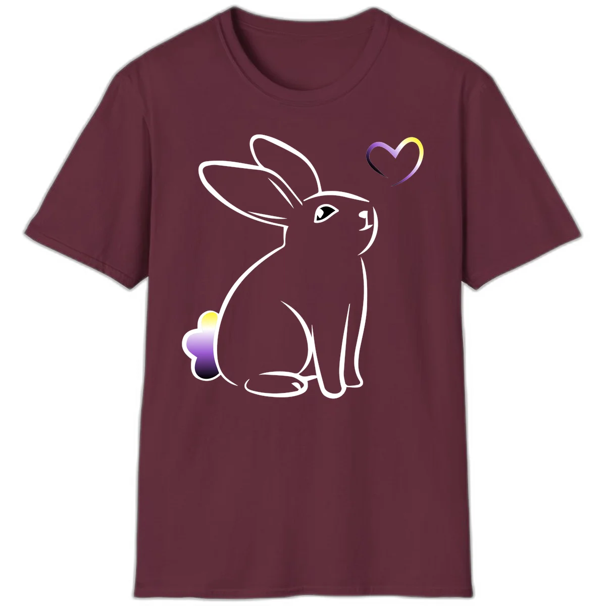 Minimalist line-art rainbow bunny with gradient purple-yellow tail and floating heart symbol on gray background in Maroon