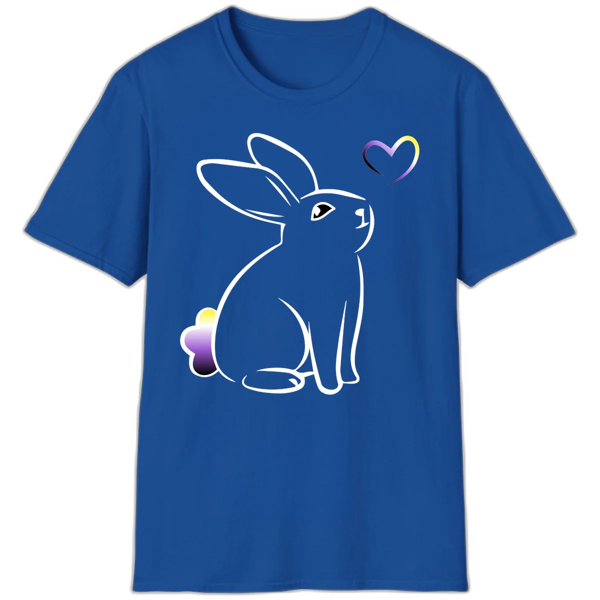 Minimalist line-art rainbow bunny with gradient purple-yellow tail and floating heart symbol on gray background in Royal