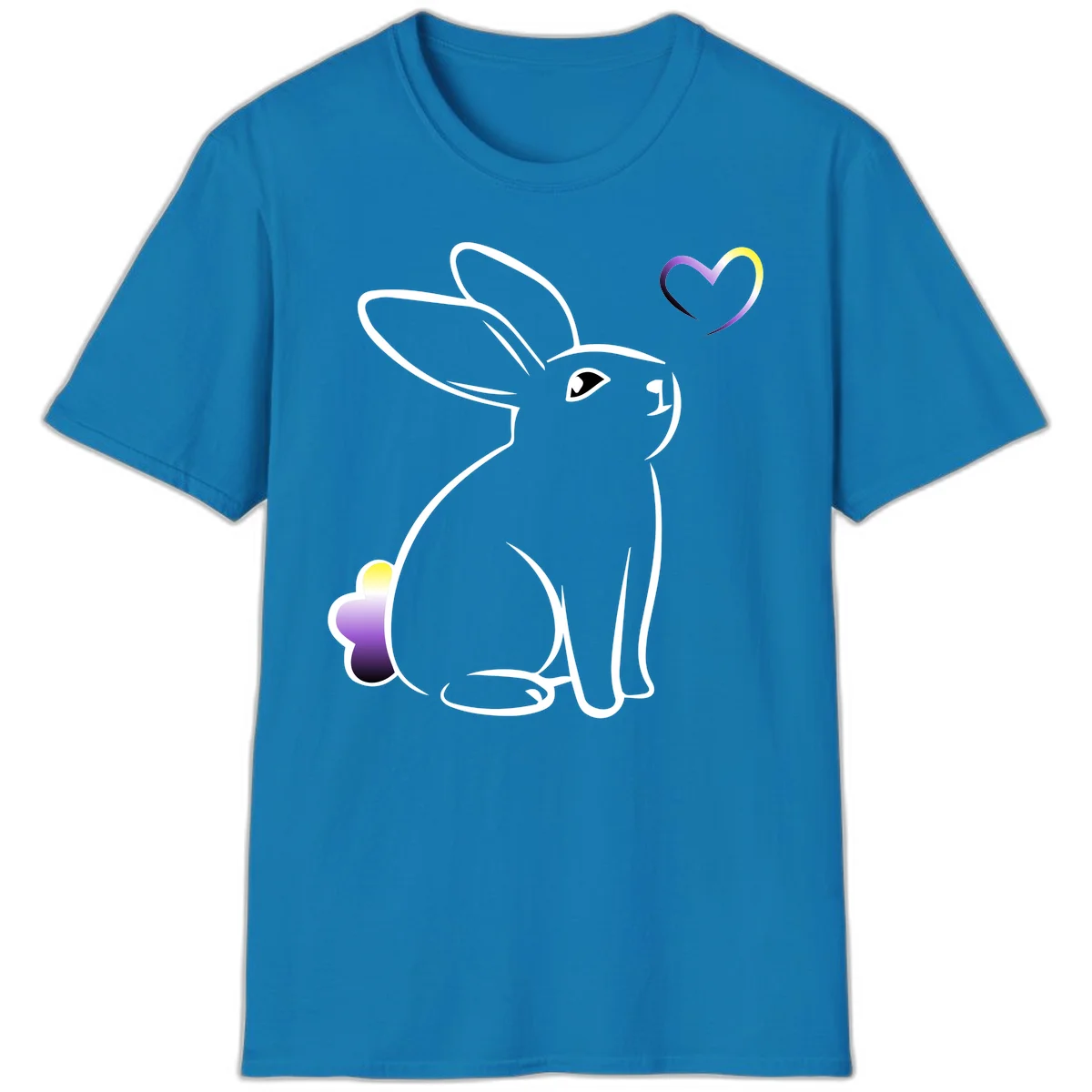 Minimalist line-art rainbow bunny with gradient purple-yellow tail and floating heart symbol on gray background in Sapphire