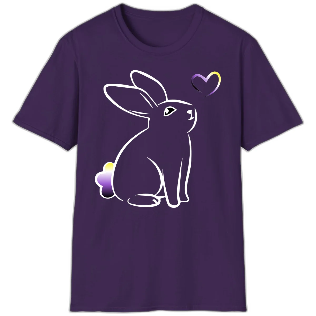 Minimalist line-art rainbow bunny with gradient purple-yellow tail and floating heart symbol on gray background in Purple