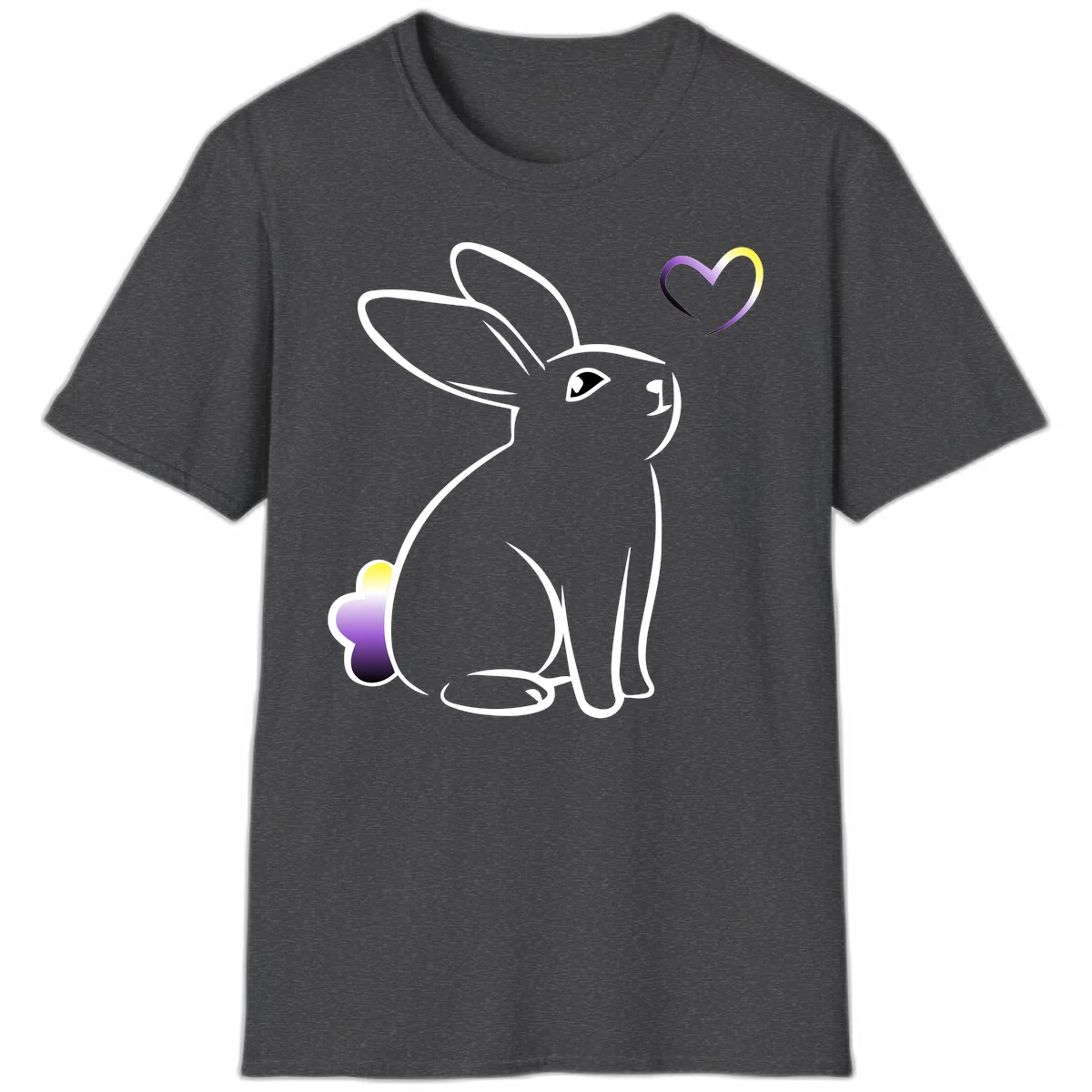 Minimalist line-art rainbow bunny with gradient purple-yellow tail and floating heart symbol on gray background in Dark Heather