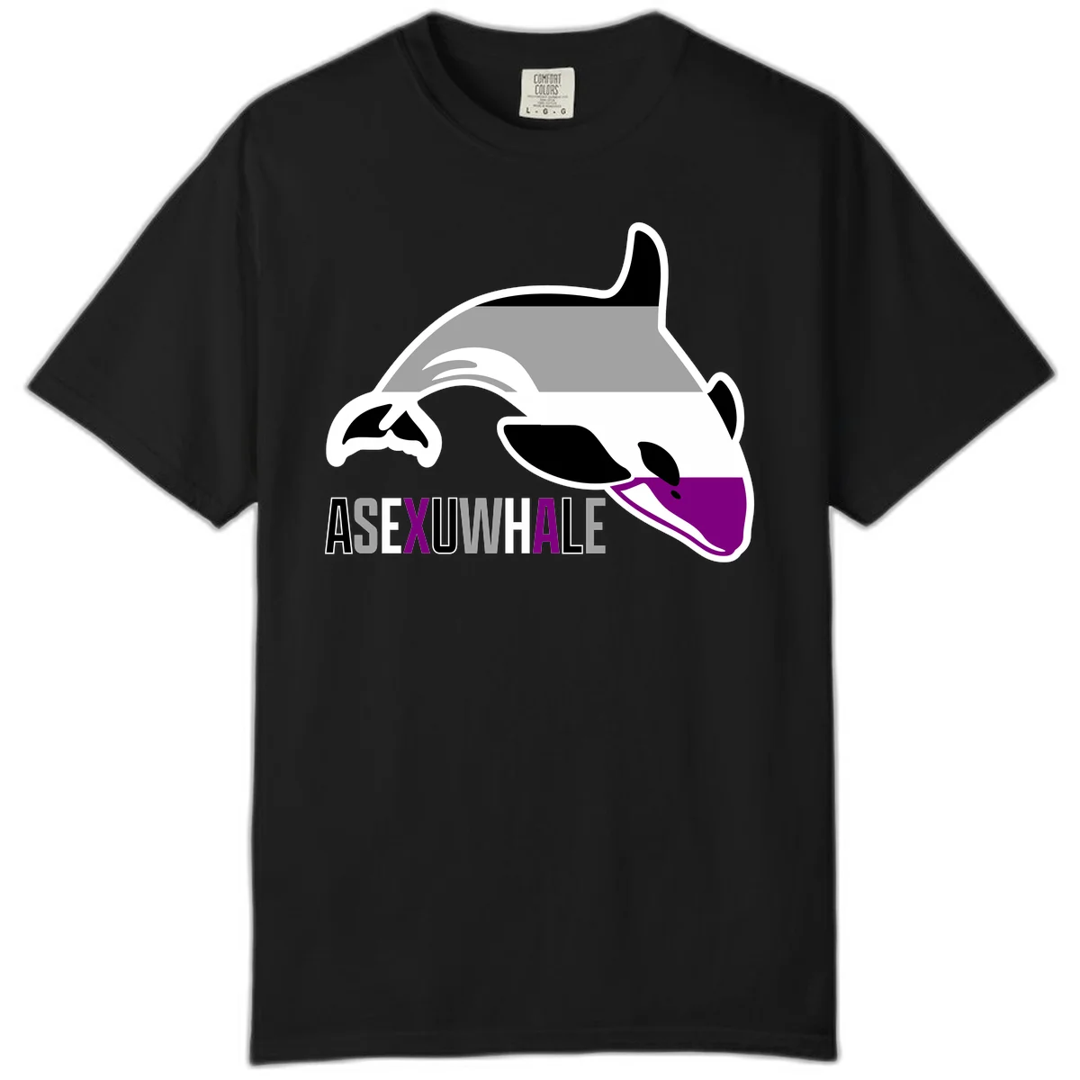 Stylized orca whale with purple accent and water splash, text reads 'ASEXUAL WHALE' in bold letters in Black