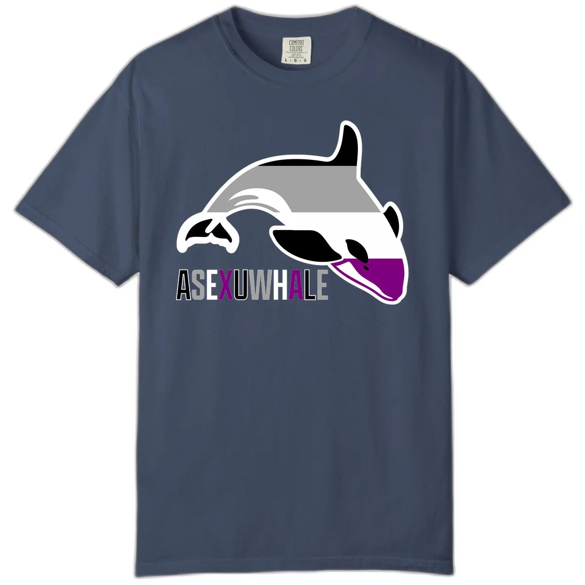 Stylized orca whale with purple accent and water splash, text reads 'ASEXUAL WHALE' in bold letters in Midnight