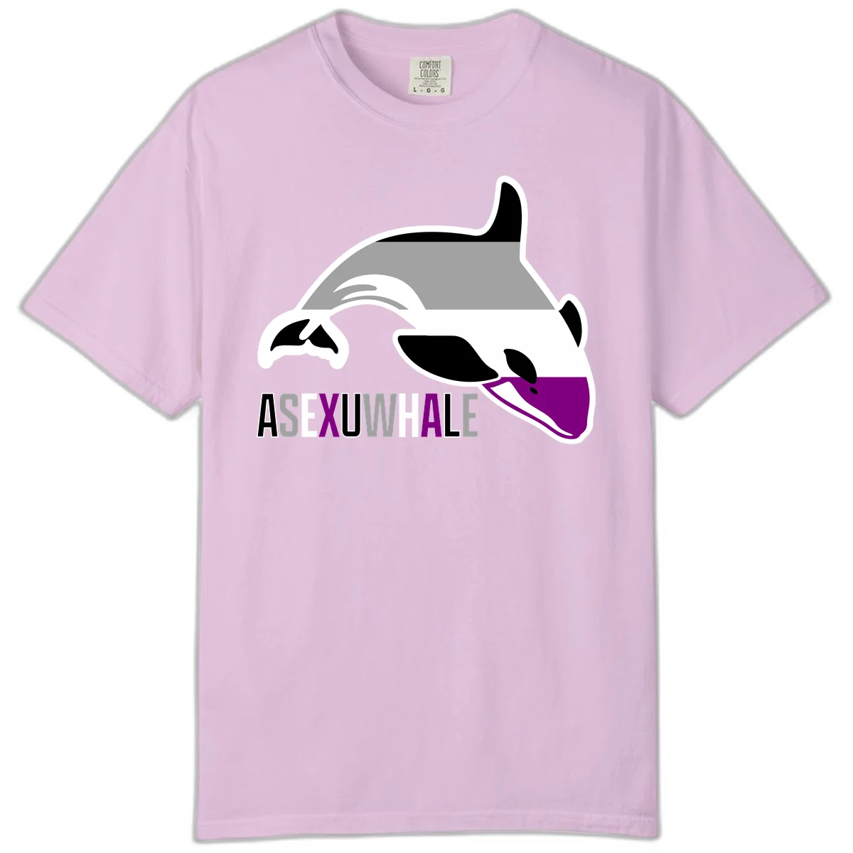 Stylized orca whale with purple accent and water splash, text reads 'ASEXUAL WHALE' in bold letters in Orchid