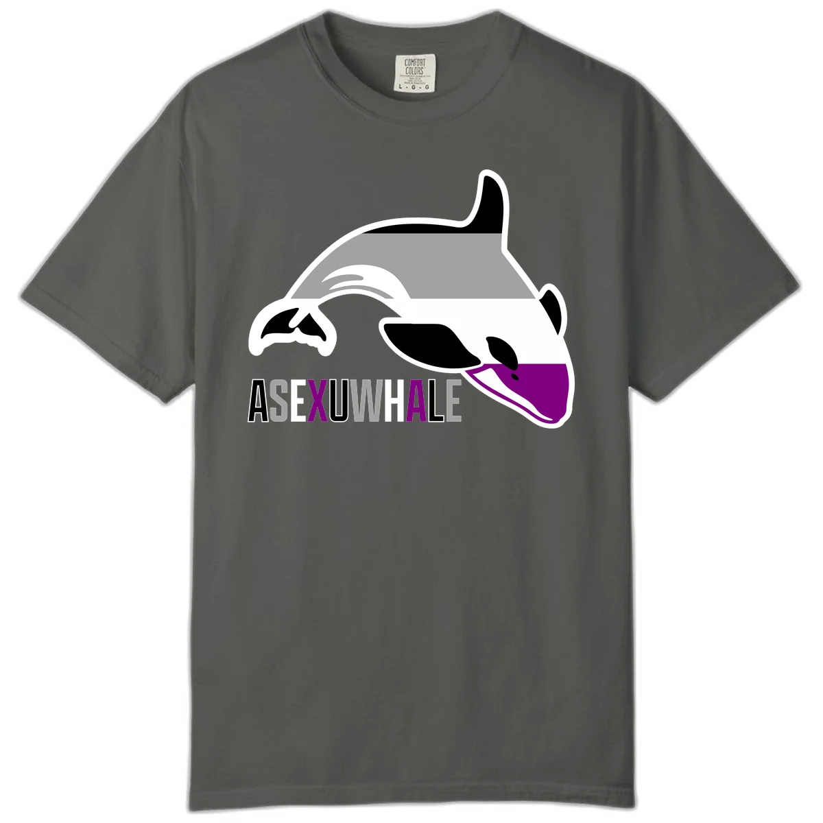 Stylized orca whale with purple accent and water splash, text reads 'ASEXUAL WHALE' in bold letters in Pepper