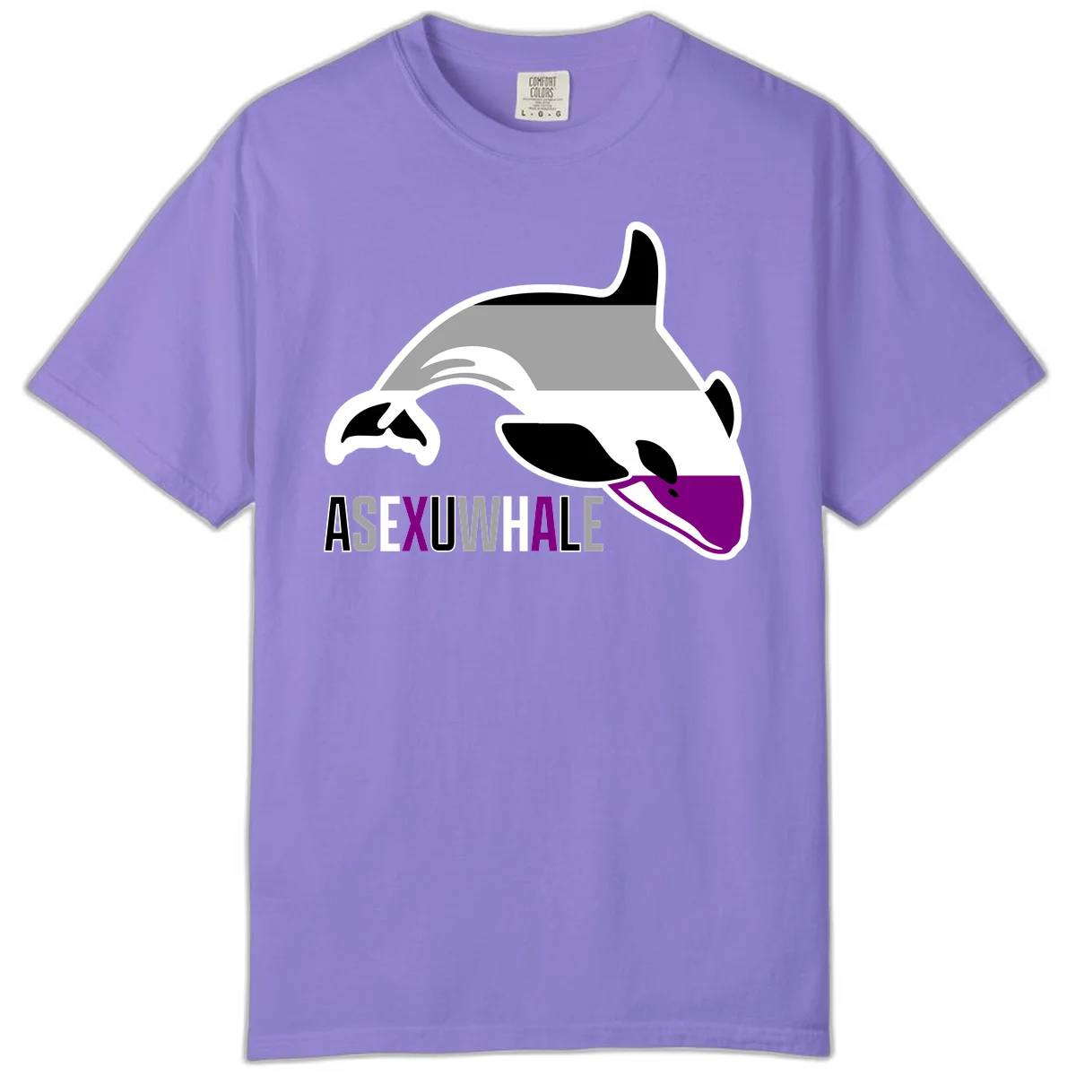 Stylized orca whale with purple accent and water splash, text reads 'ASEXUAL WHALE' in bold letters in Violet