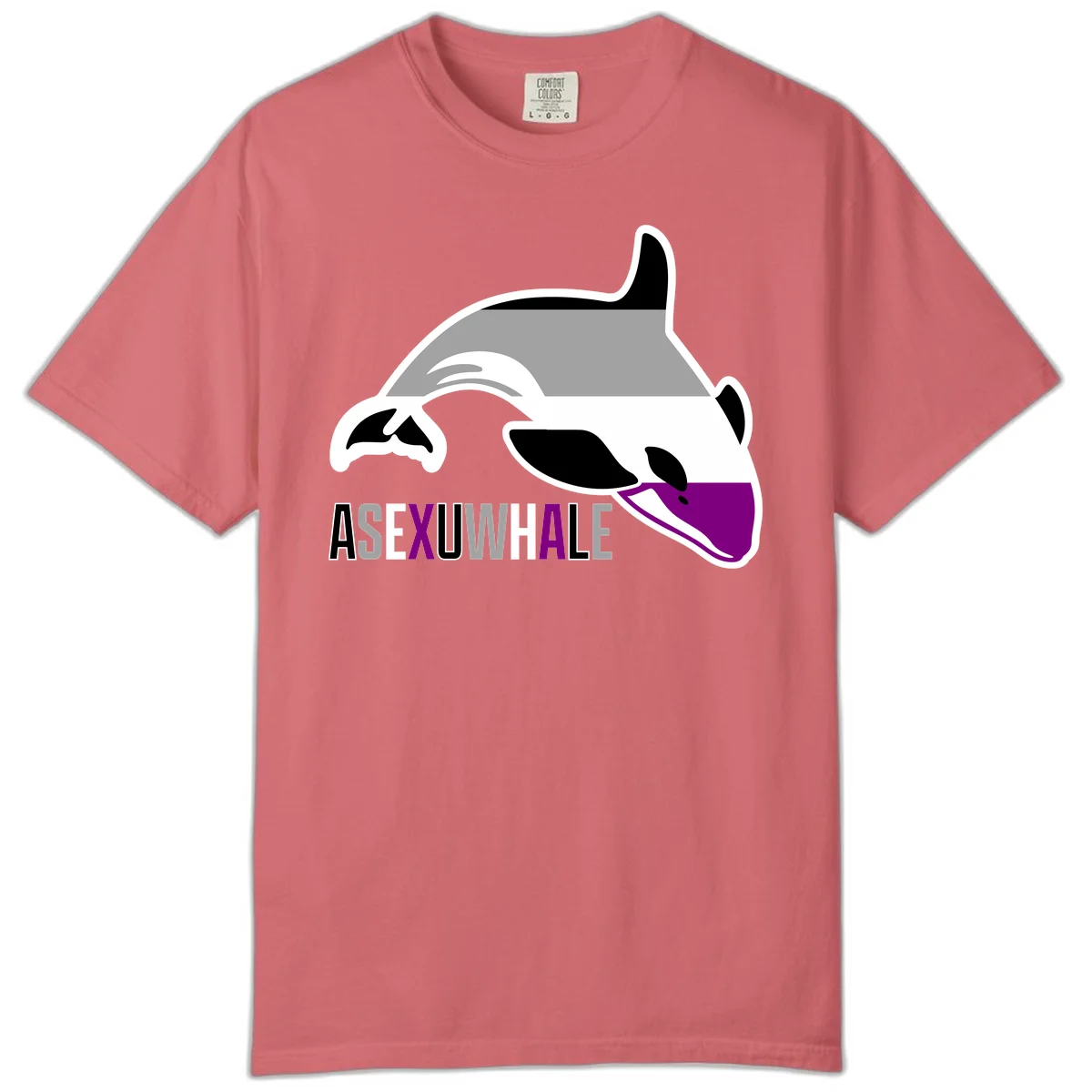 Stylized orca whale with purple accent and water splash, text reads 'ASEXUAL WHALE' in bold letters in Watermelon