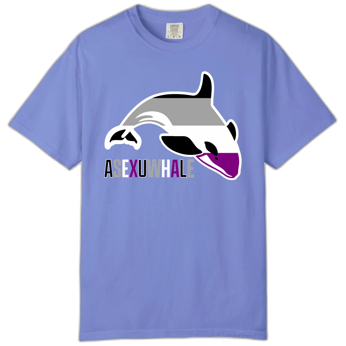 Stylized orca whale with purple accent and water splash, text reads 'ASEXUAL WHALE' in bold letters in Flo Blue
