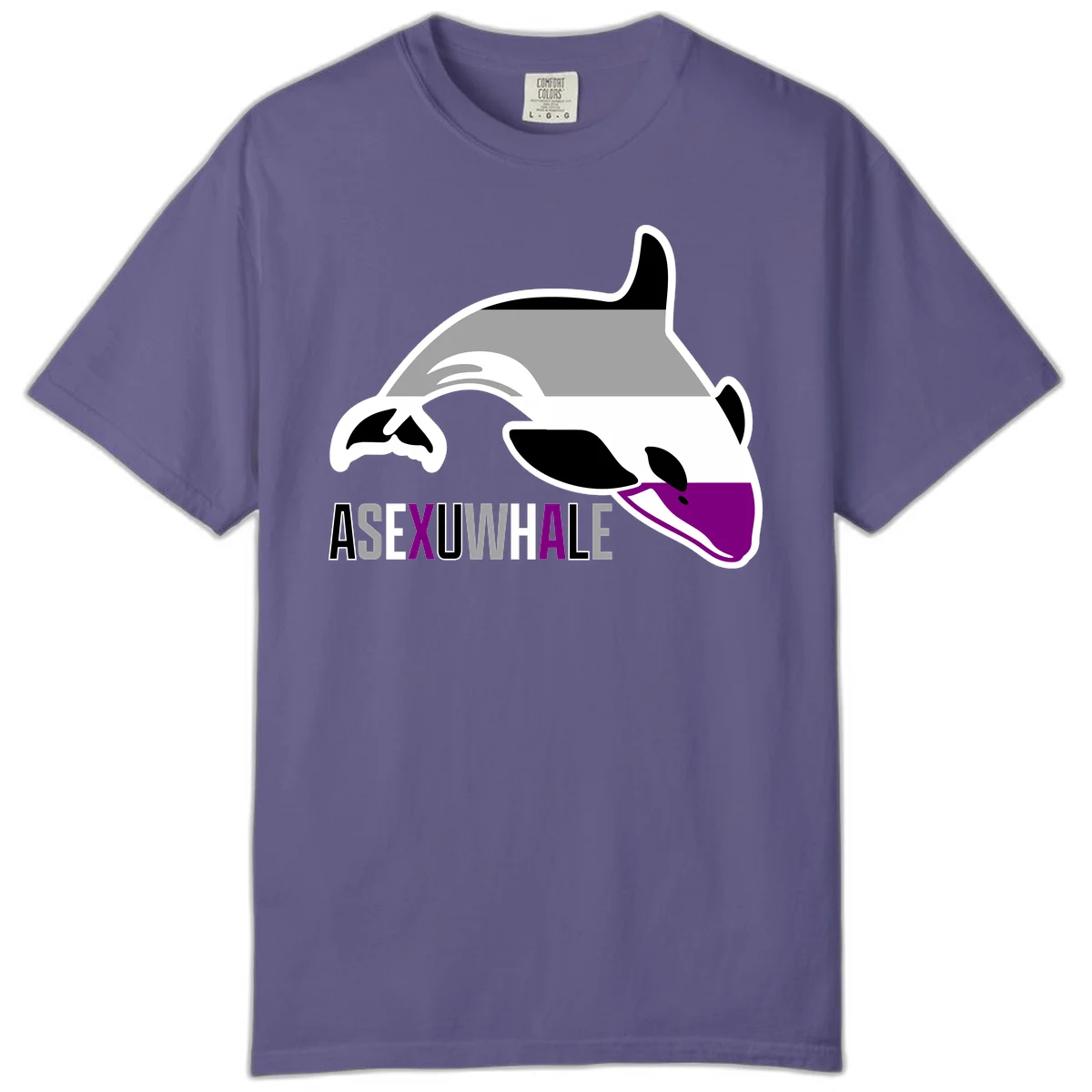 Stylized orca whale with purple accent and water splash, text reads 'ASEXUAL WHALE' in bold letters in Grape