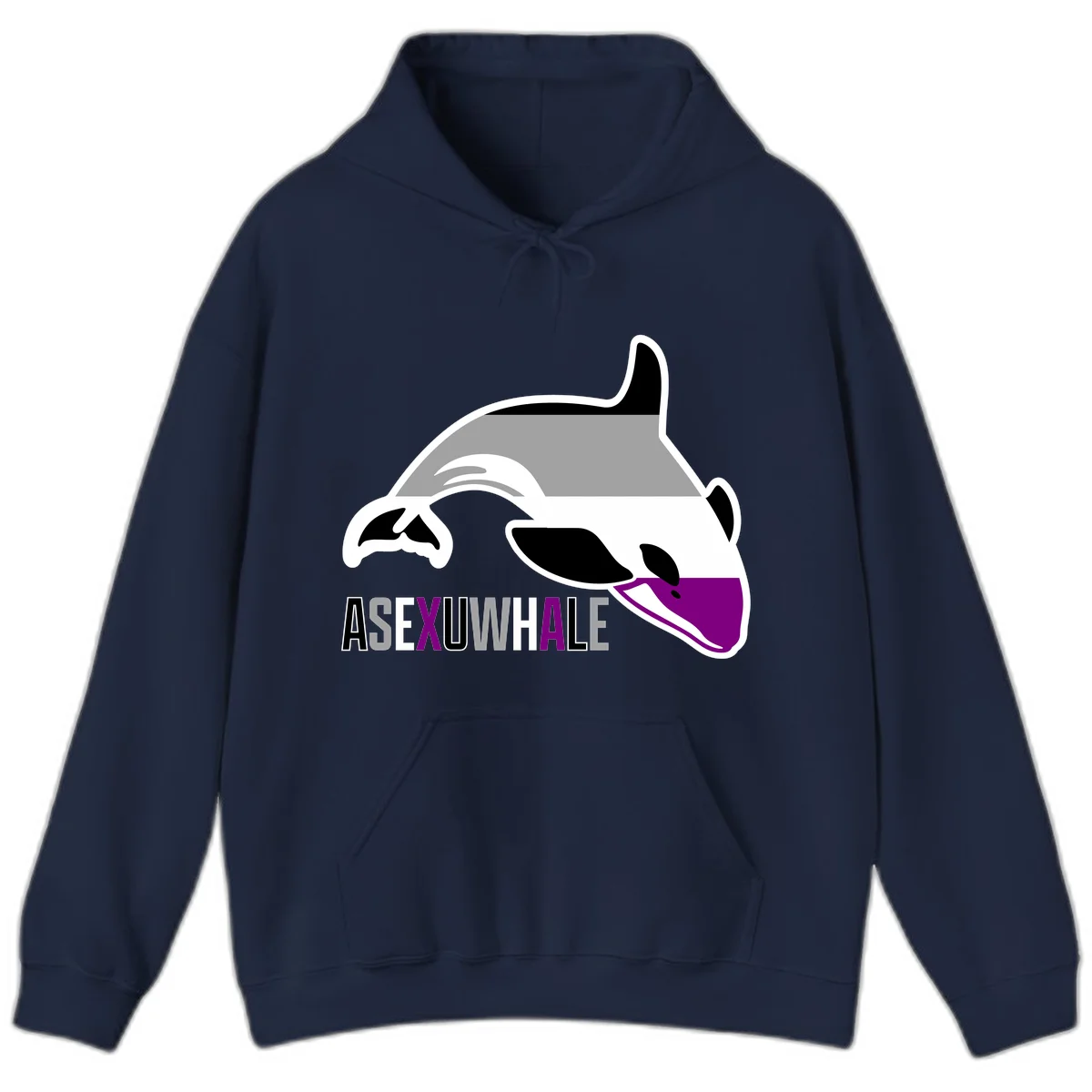 Stylized orca whale with purple accent and water splash, text reads 'ASEXUAL WHALE' in bold letters in Navy