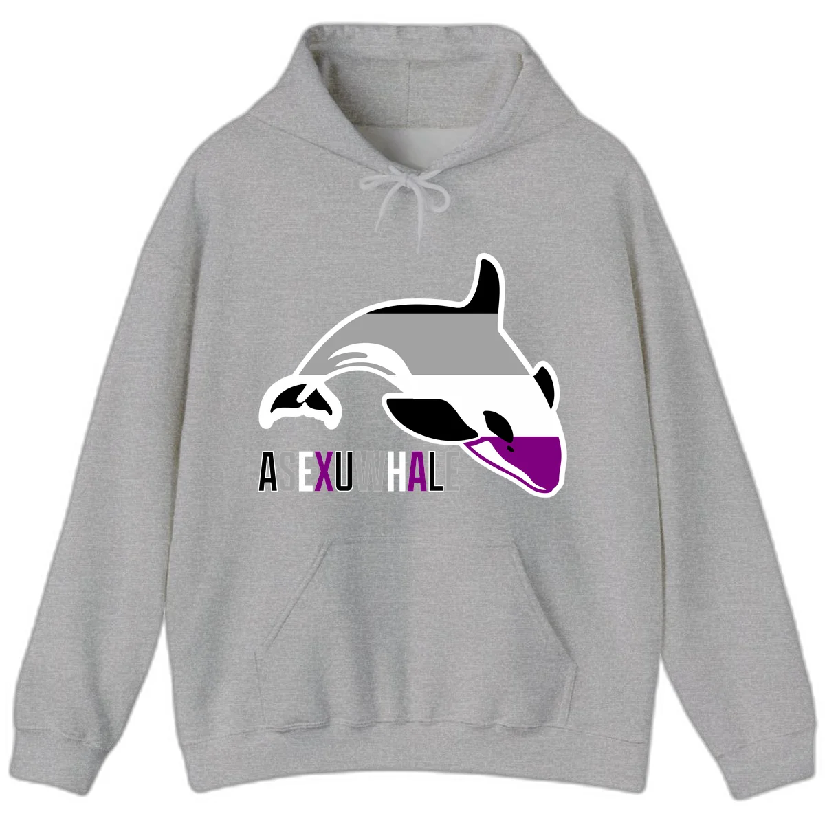 Stylized orca whale with purple accent and water splash, text reads 'ASEXUAL WHALE' in bold letters in Sport Grey