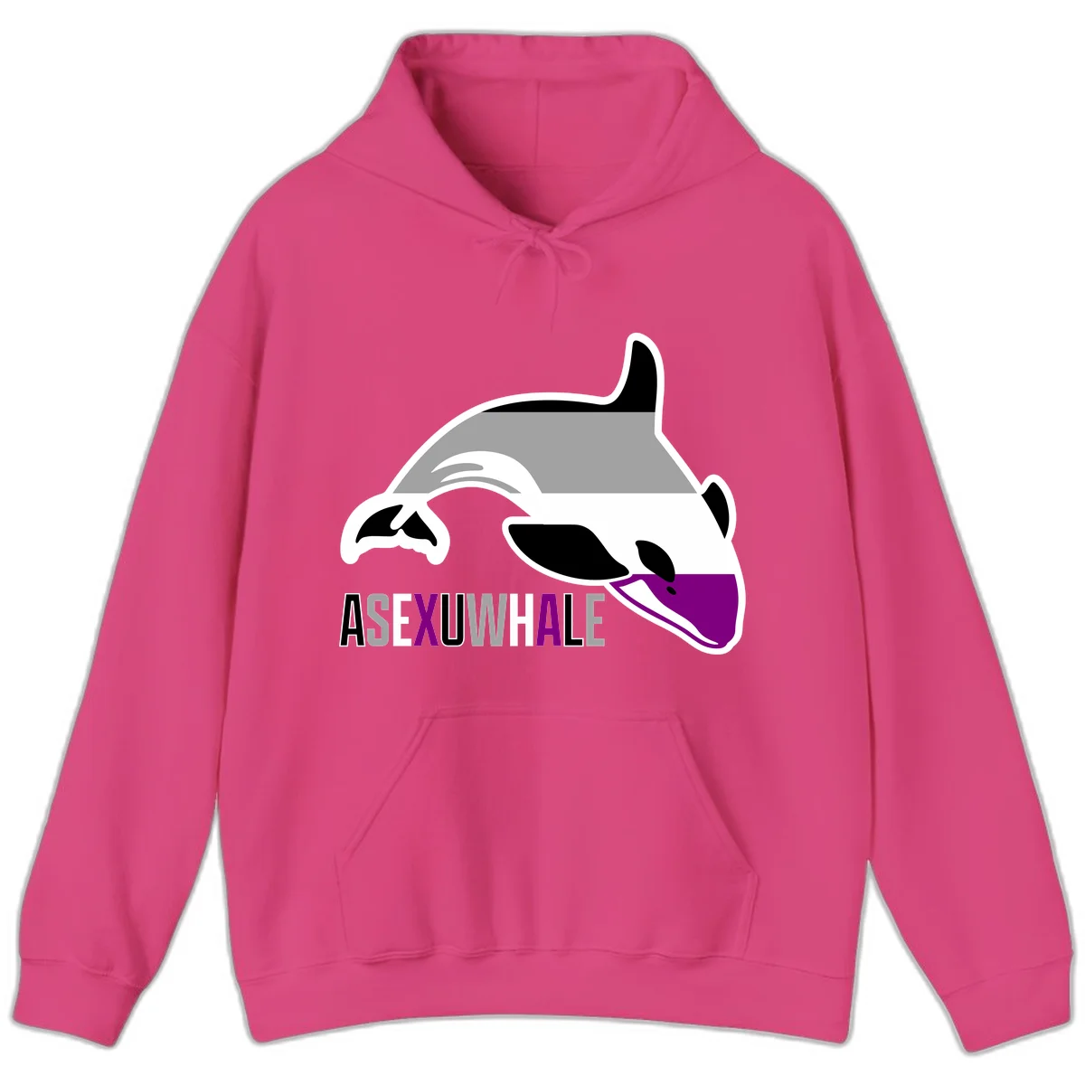Stylized orca whale with purple accent and water splash, text reads 'ASEXUAL WHALE' in bold letters in Heliconia