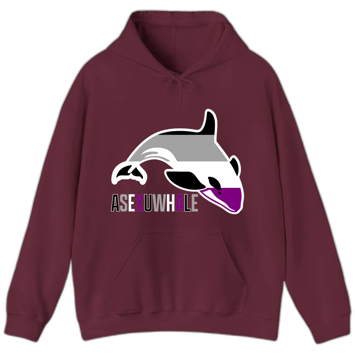 Stylized orca whale with purple accent and water splash, text reads 'ASEXUAL WHALE' in bold letters in Maroon