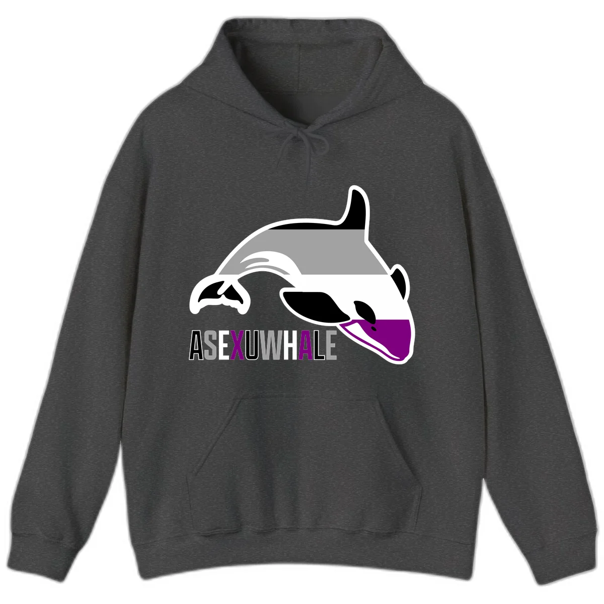 Stylized orca whale with purple accent and water splash, text reads 'ASEXUAL WHALE' in bold letters in Dark Heather