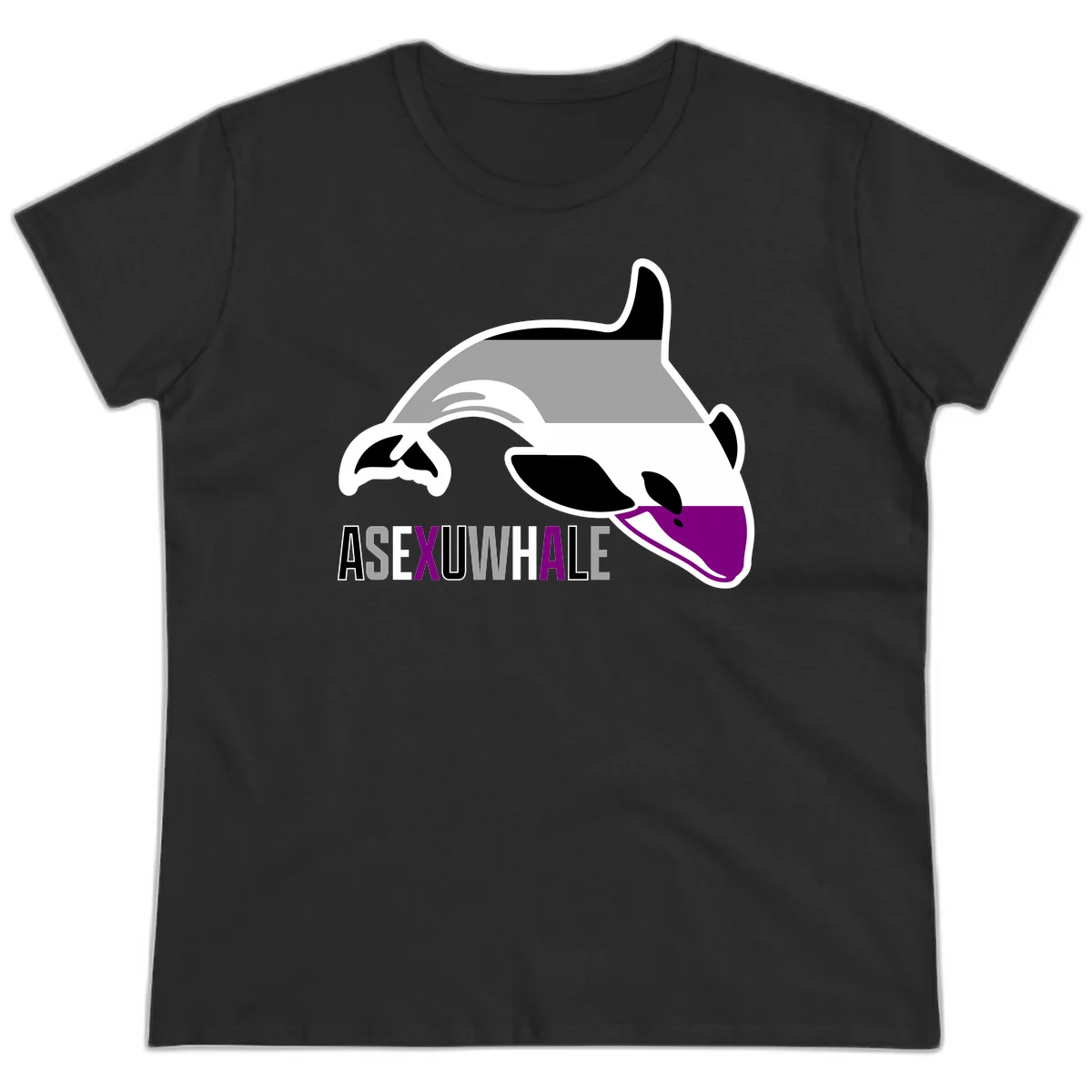 Stylized orca whale with purple accent and water splash, text reads 'ASEXUAL WHALE' in bold letters in Black
