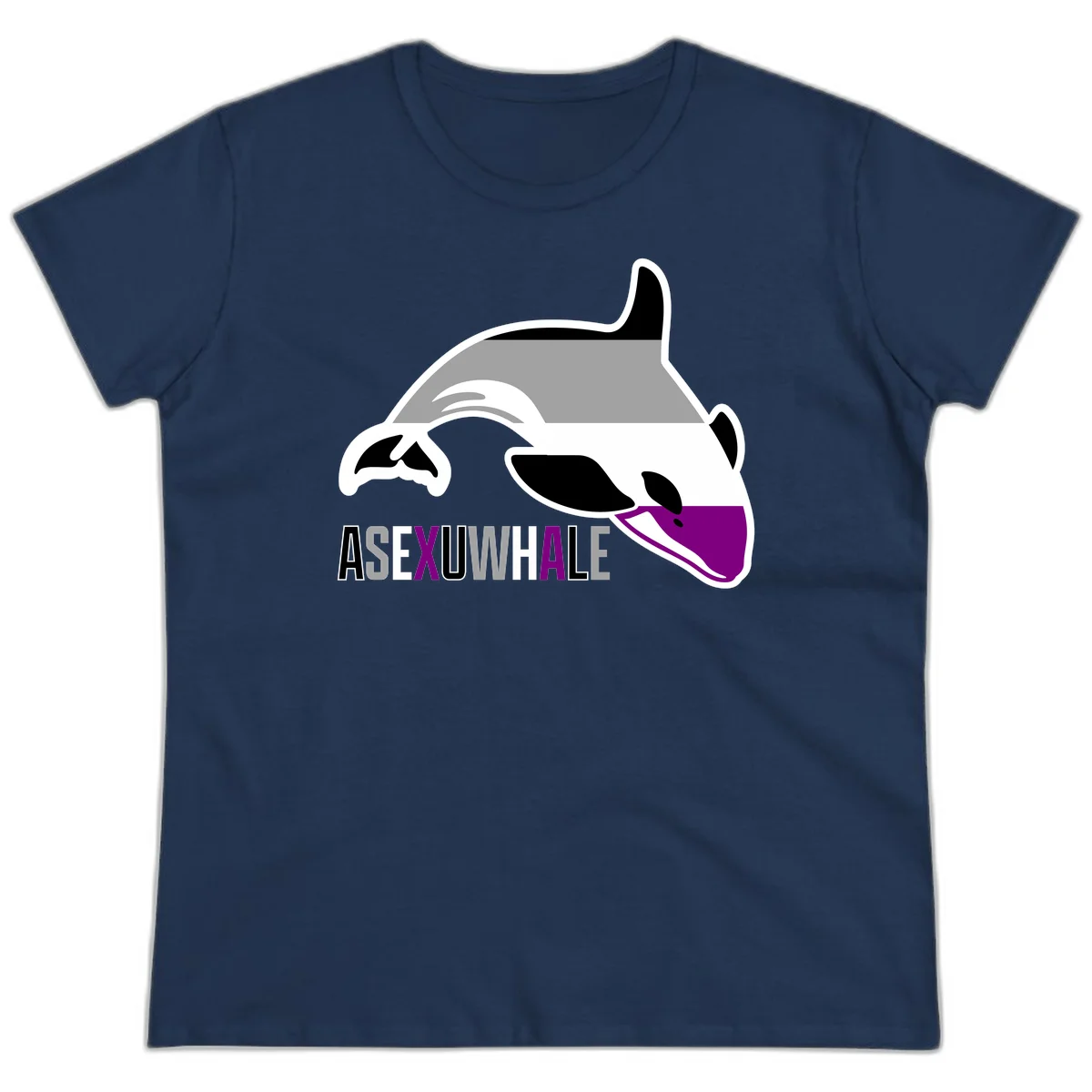 Stylized orca whale with purple accent and water splash, text reads 'ASEXUAL WHALE' in bold letters in Navy