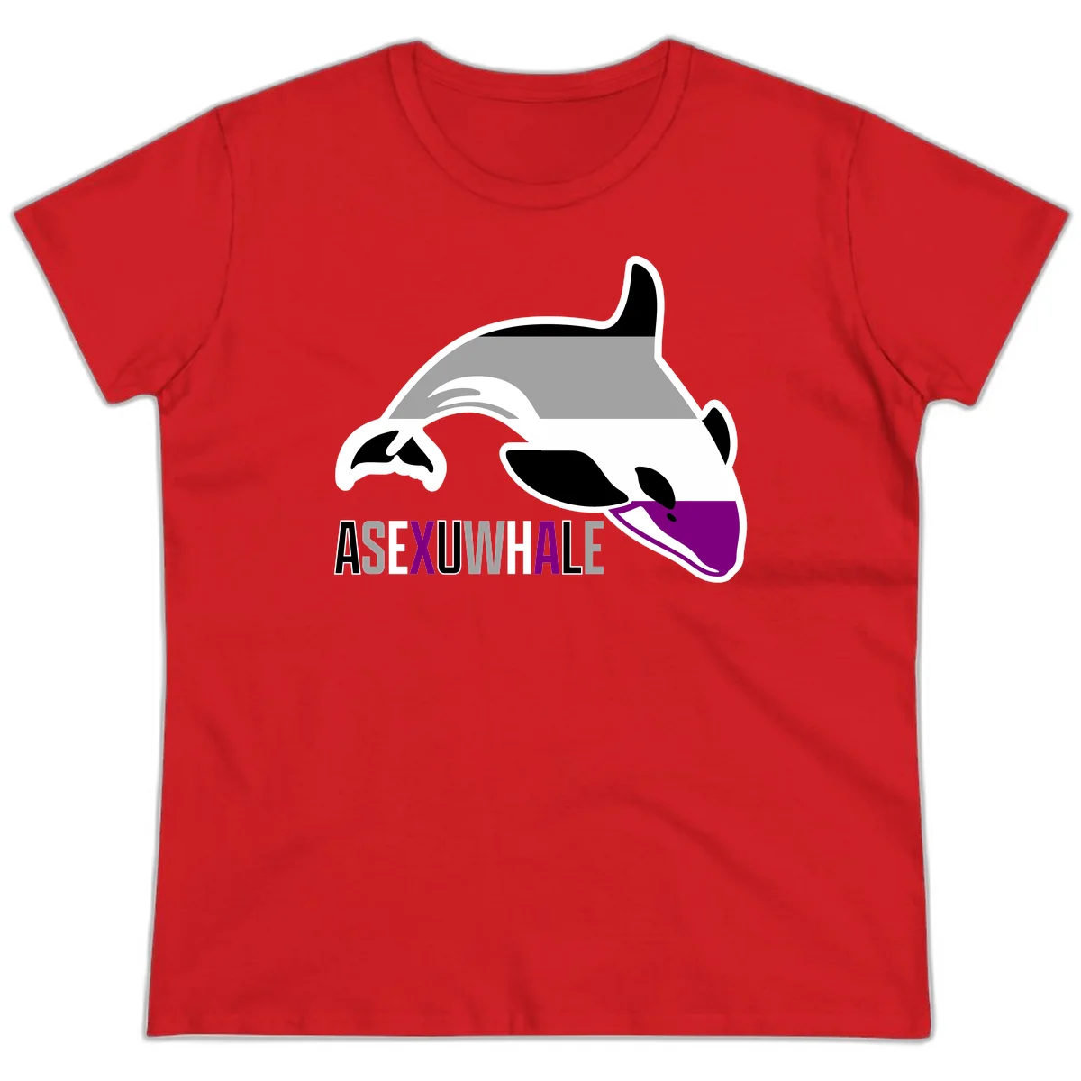 Stylized orca whale with purple accent and water splash, text reads 'ASEXUAL WHALE' in bold letters in Red