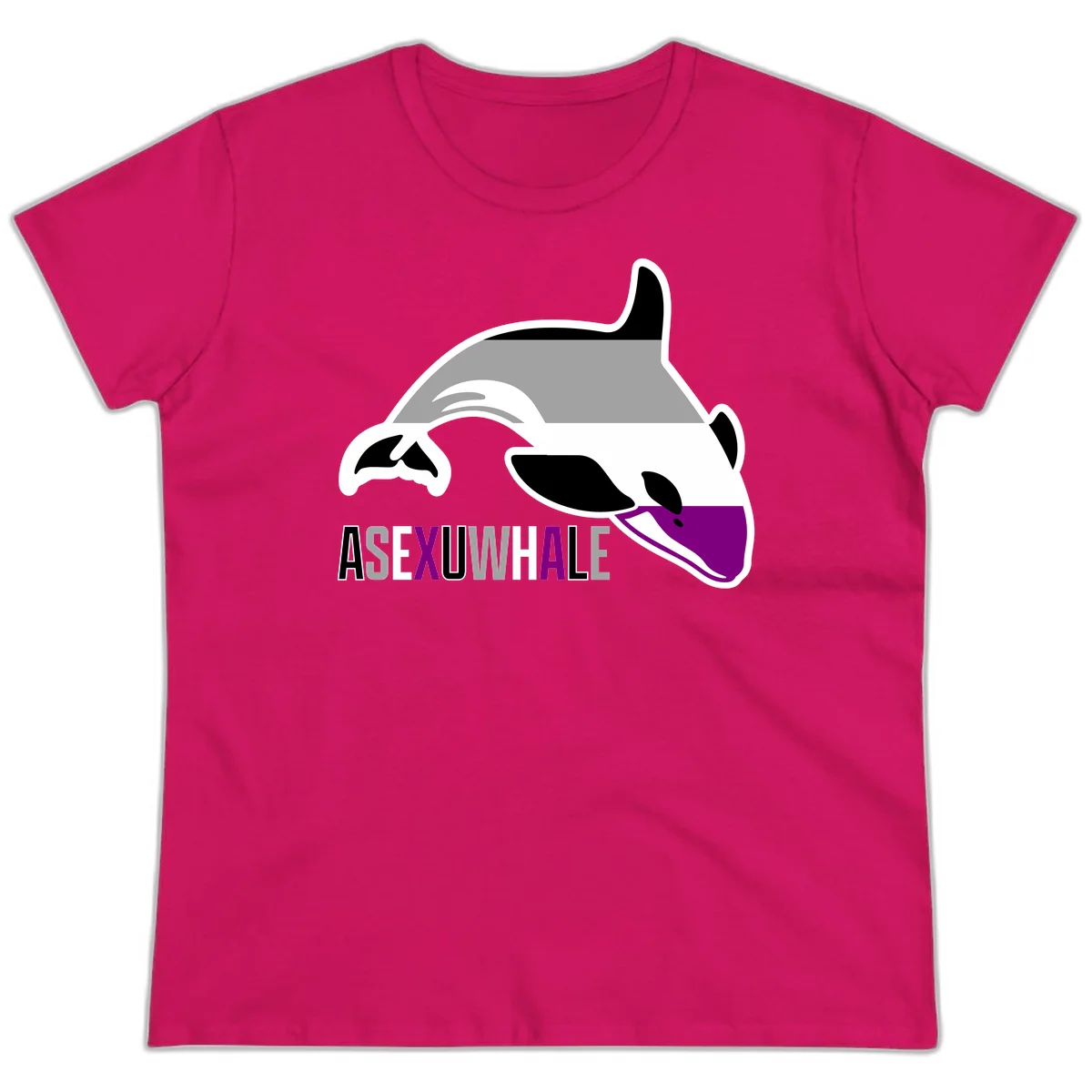 Stylized orca whale with purple accent and water splash, text reads 'ASEXUAL WHALE' in bold letters in Heliconia