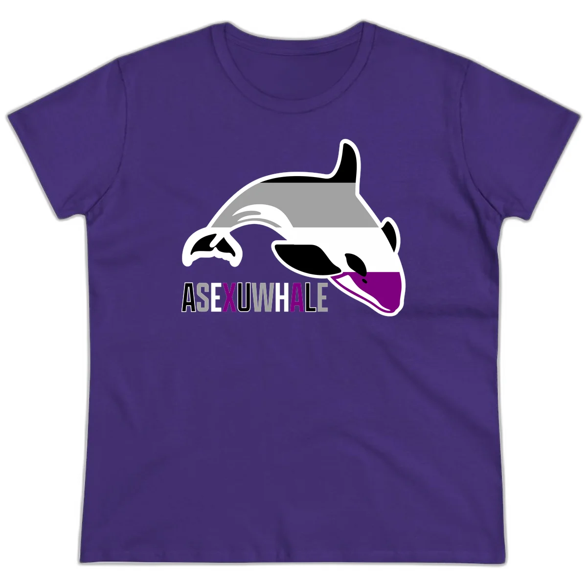 Stylized orca whale with purple accent and water splash, text reads 'ASEXUAL WHALE' in bold letters in Purple
