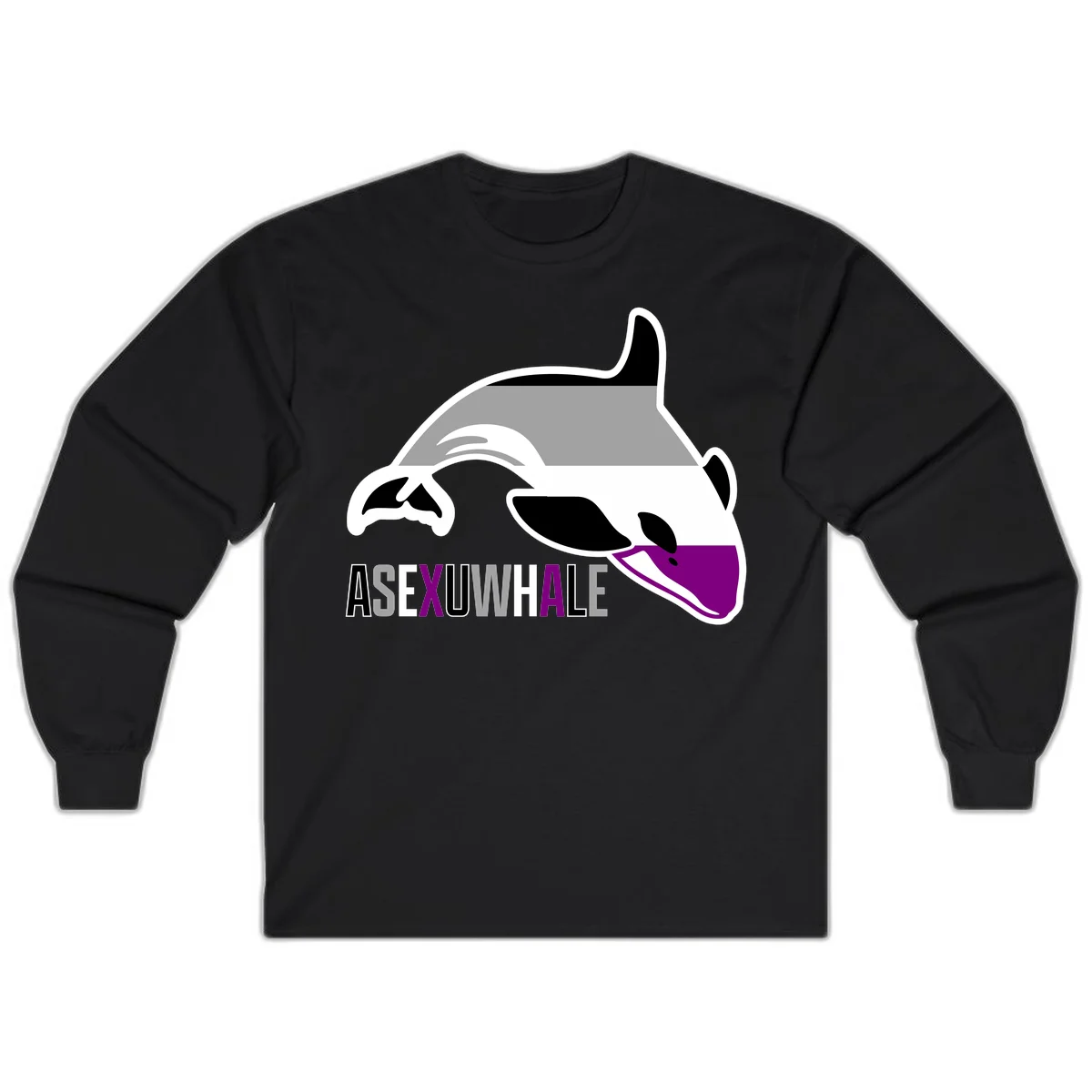 Stylized orca whale with purple accent and water splash, text reads 'ASEXUAL WHALE' in bold letters in Black