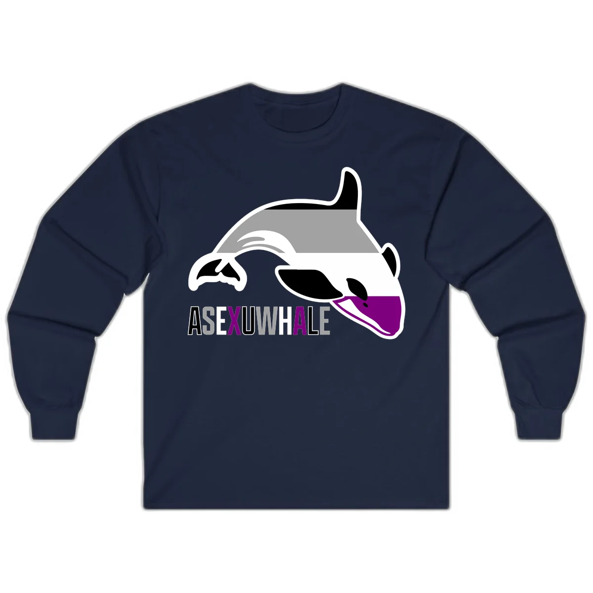 Stylized orca whale with purple accent and water splash, text reads 'ASEXUAL WHALE' in bold letters in Navy