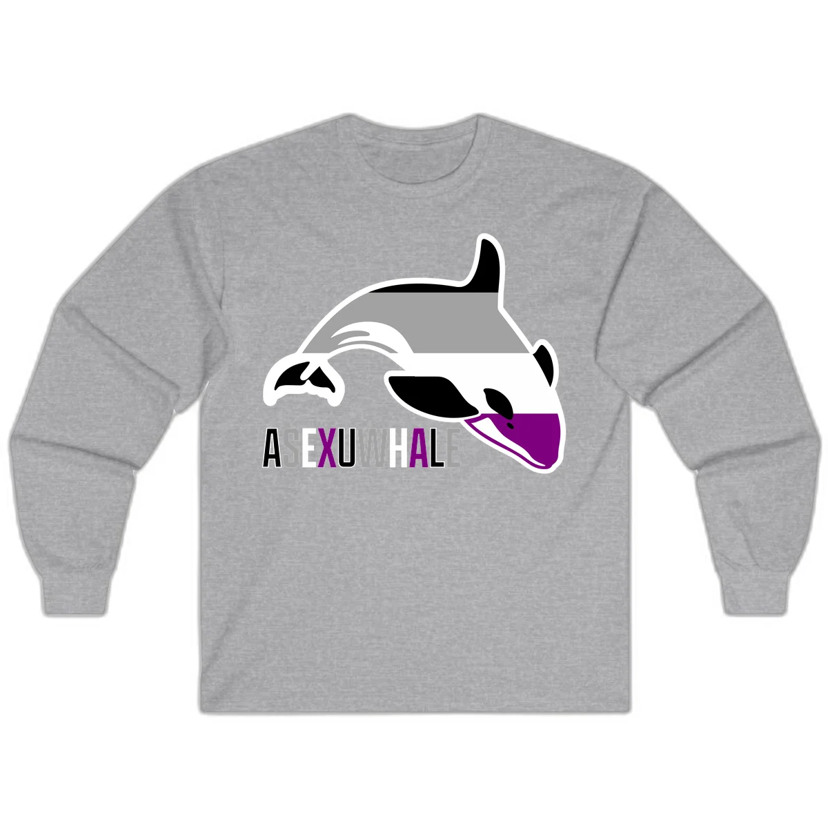 Stylized orca whale with purple accent and water splash, text reads 'ASEXUAL WHALE' in bold letters in Sport Grey